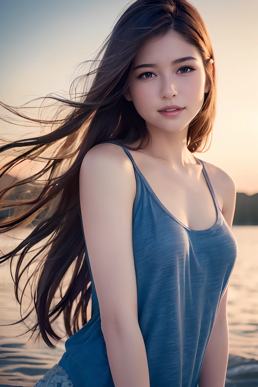 (8k, Best Quality, Masterpiece:1.2), (Realistic, Photorealistic:1.37), Ultra Detail, 1 Girl,Cute,Solo,Beautiful Detailed Sky,Date,(Blush),(Smile:1.15),(Closed Mouth)Small Breasts,Beautiful Detailed Eyes,(Long Hair: 1.2),Floating Hair NovaFrogStyle, Upper Body, Tank Top