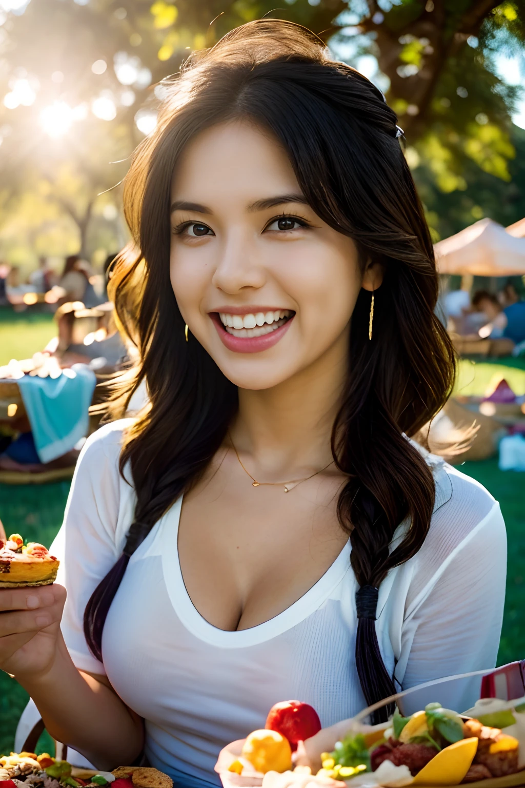 8k, highest quality, ultra details, hispanic girl, having a picnic in a sunlit park, sharing laughter and food with friends, creating lasting memories.