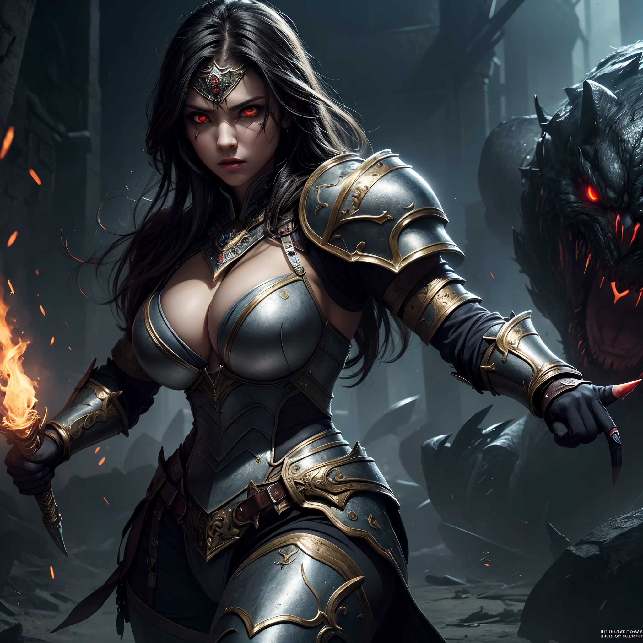 ((masterpiece), best quality, expressive eyes, perfect face, masterpiece, high detailed, busty female warrior, armor, Boss fight, big monster, glowing eyes, fighting Pose, arena, detailed background
