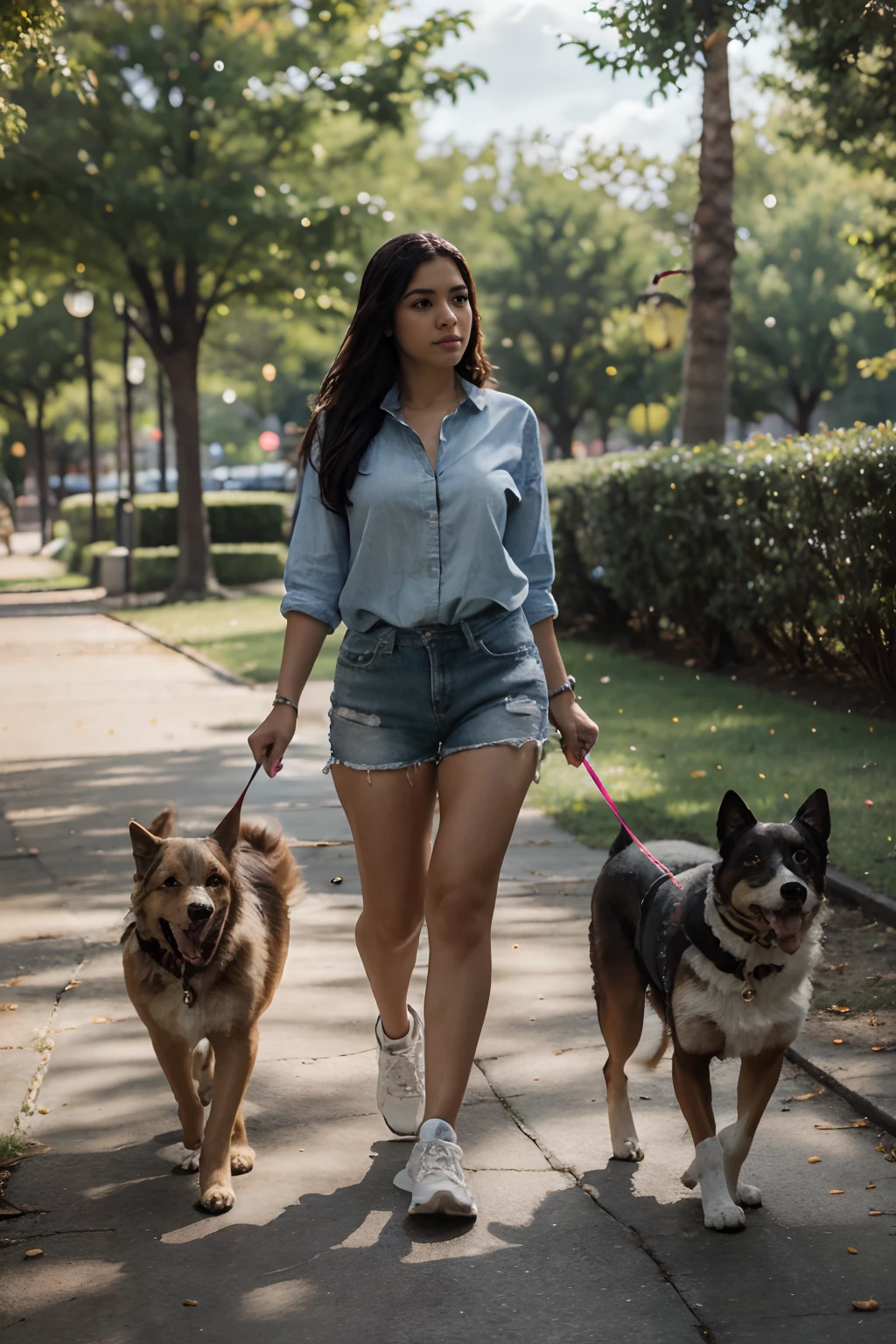 8k, highest quality, ultra details, hispanic girl, walking her dog in a scenic park, enjoying the company of her furry friend, love and companionship.