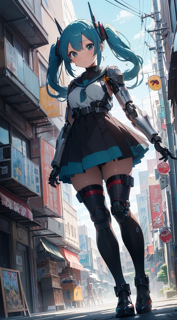 ((((masterpiece, high quality, very_high_resolution, anime colored, high quality)))) hatunemiku VOCALOID, twintail, turquoise hair, mecha, 1girl, cyberpunk, realistic, mechanical parts, robot joints, headgear, full armor, high heels, armor color{{{{white}}}},high quality,