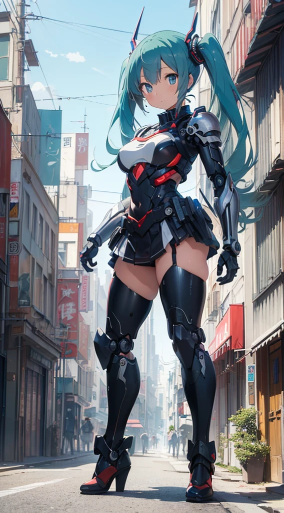 ((((masterpiece, high quality, very_high_resolution, anime colored, high quality)))) hatunemiku VOCALOID, twintail, turquoise hair, mecha, 1girl, cyberpunk, realistic, mechanical parts, robot joints, headgear, full armor, high heels, armor color{{{{white}}}},high quality,