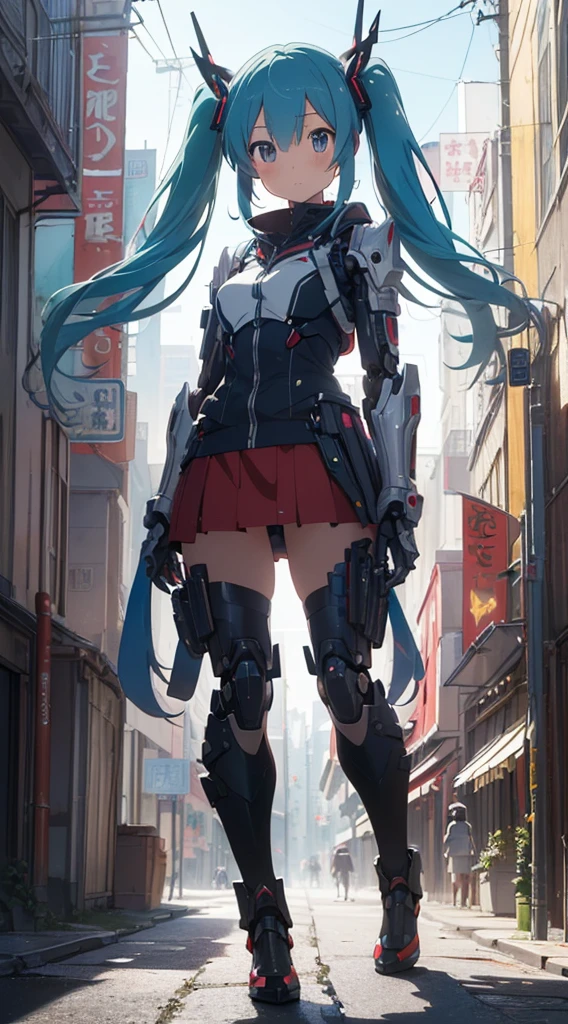 ((((masterpiece, high quality, very_high_resolution, anime colored, high quality)))) hatunemiku VOCALOID, twintail, turquoise hair, mecha, 1girl, cyberpunk, realistic, mechanical parts, robot joints, headgear, full armor, high heels, armor color{{{{white}}}},high quality,