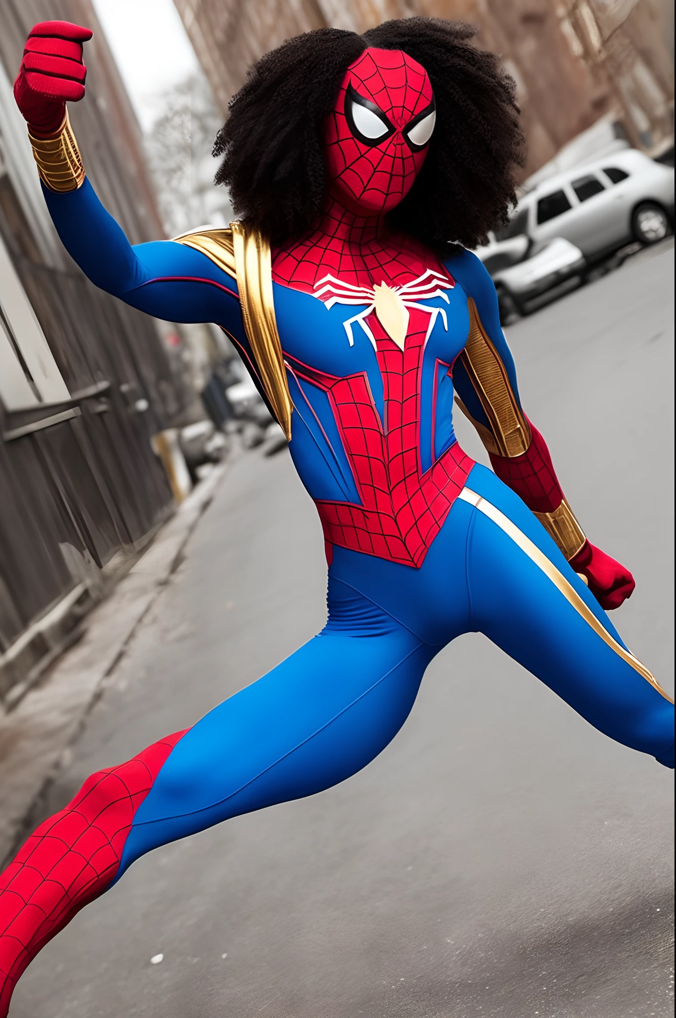 Create a black woman super hero in a white and gold Spider-Man suit