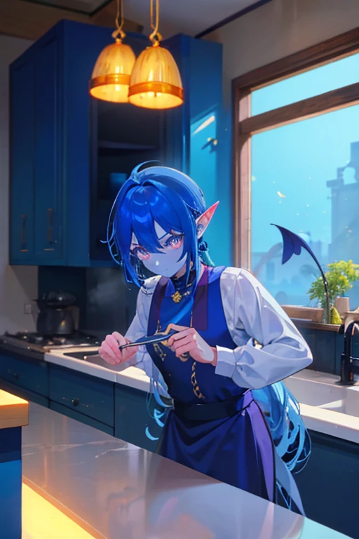 A blue skinned dragon male demon with golden eyes and blue hair and horns and a blue tail and blue skin is posing in the kitchen in a butler's outfit with a golden earring hanging off of his pointed ears.