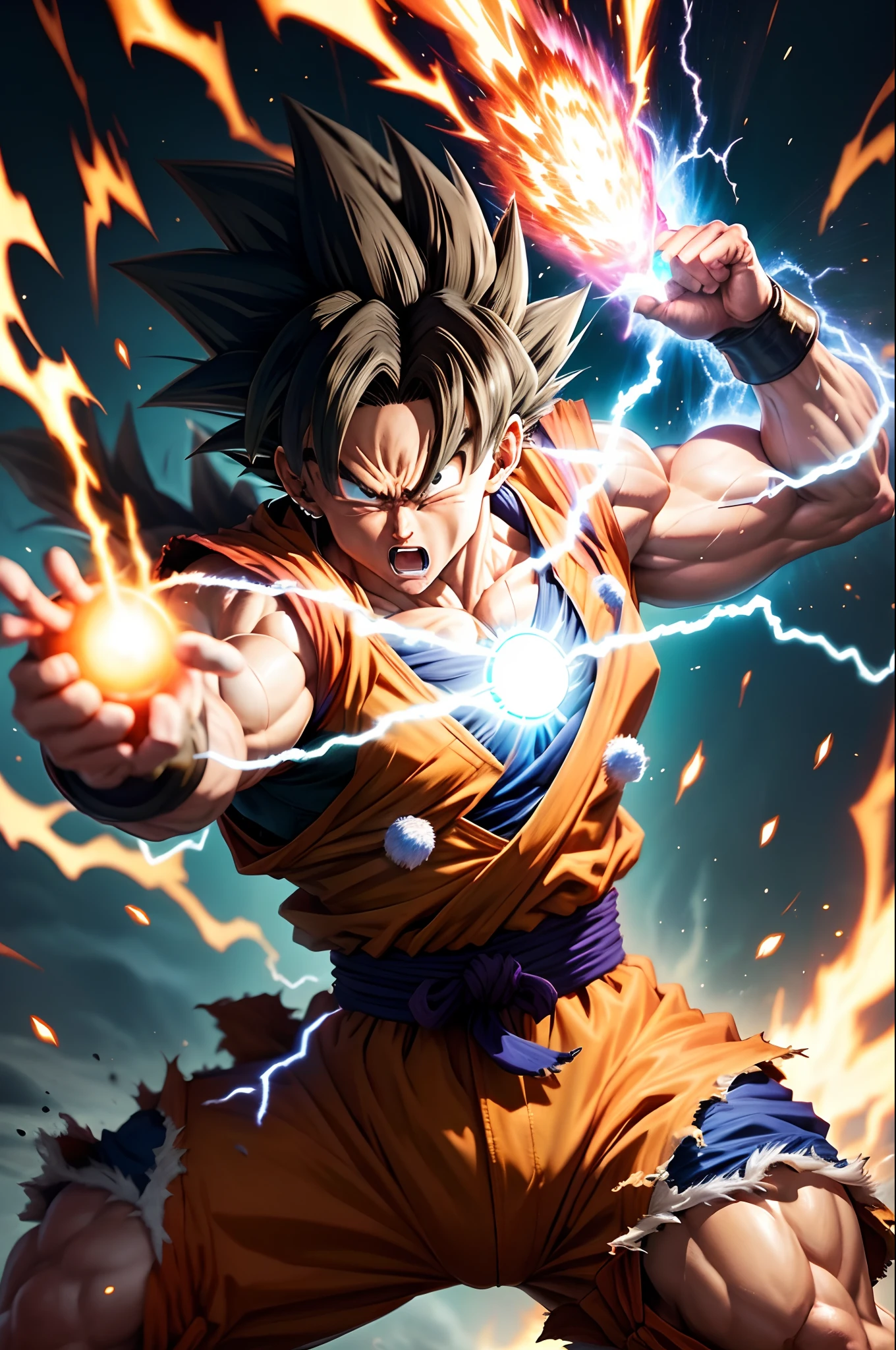 Goku in mastered ultra instinct form charging up a Kamehameha