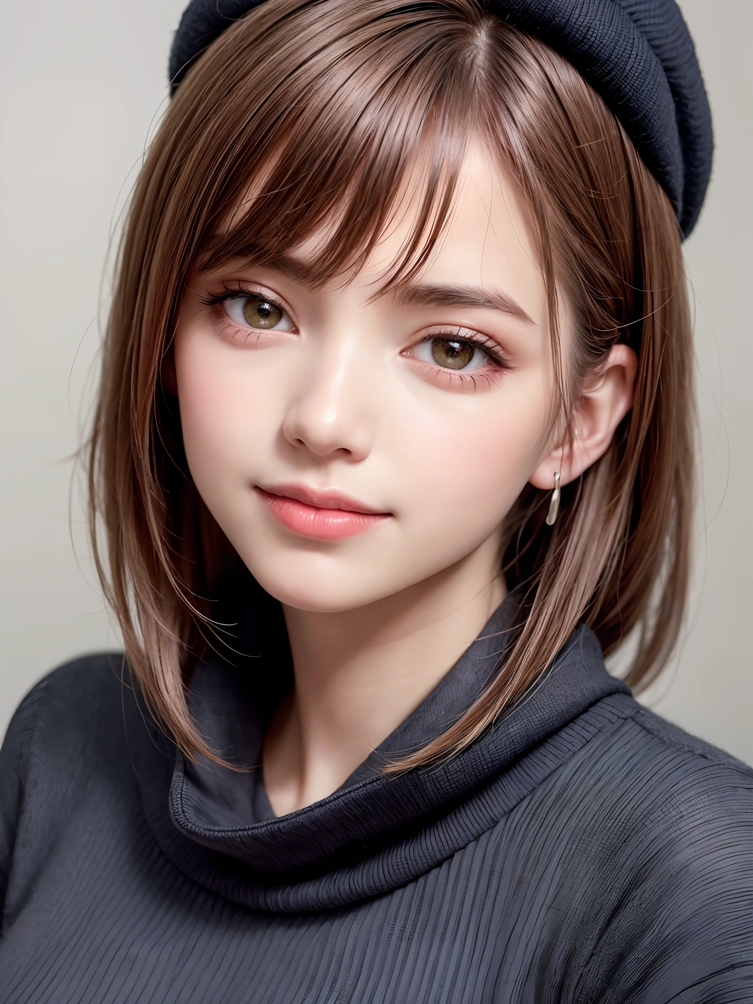 (masterpiece, top-quality、Very attractive adult beauty、Add intense highlights to the eyes、Look firmly at the camera:1.2),1girl in, 独奏, A dark-haired, scarf, Hats,, realisitic, looking at the viewers, black eyes of light color, shorth hair, coat, Winter clothes, White headscarf, s lips, lipgloss,bangss, The upper part of the body、big eye、Lashes)、((Road system in Italy))、((Shorthair with bangs、big eye、Put very strong highlights in your students、very Bigger breasts、gazing at viewer、Very beautiful beauty、Put your ears out、long neck、little smiling、Beautiful teeth、Open your mouth and smile))、28 year old、Very cute supermodel