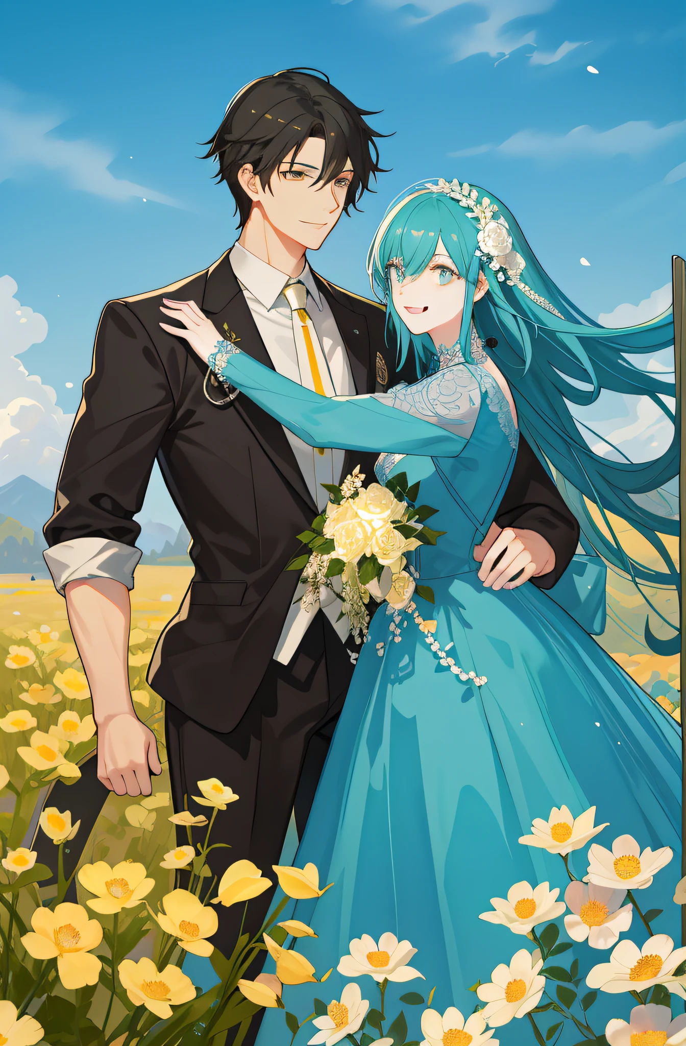 homogenize contrast and lightingmasterpiece, best quality, 2others, couple, 1man with 1woman, mature, adult, Height difference, different fashion, different color, finely detailed eyes and detailed face, intricate details, happy, love, smile, flower-filled landscape