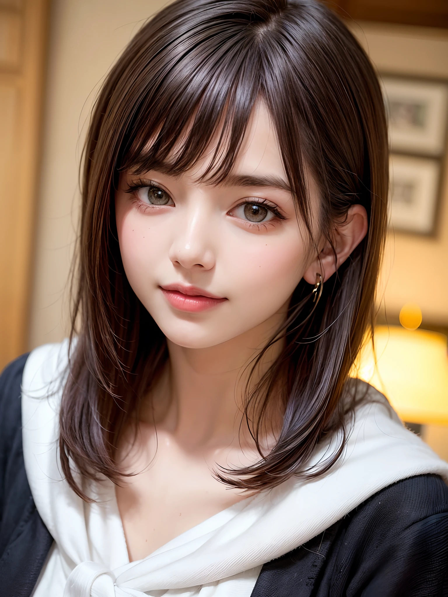 (masterpiece, top-quality、Very attractive adult beauty、Add intense highlights to the eyes、Look firmly at the camera:1.2),1girl in, 独奏, A dark-haired, scarf, Hats,, realisitic, looking at the viewers, black eyes of light color, shorth hair, coat, Winter clothes, White headscarf, s lips, lipgloss,bangss, The upper part of the body、big eye、Lashes)、((Road system in Italy))、((Shorthair with bangs、big eye、Put very strong highlights in your students、very Bigger breasts、gazing at viewer、Very beautiful beauty、Put your ears out、long neck、little smiling、Beautiful teeth、Open your mouth and smile))、28 year old、Very cute supermodel