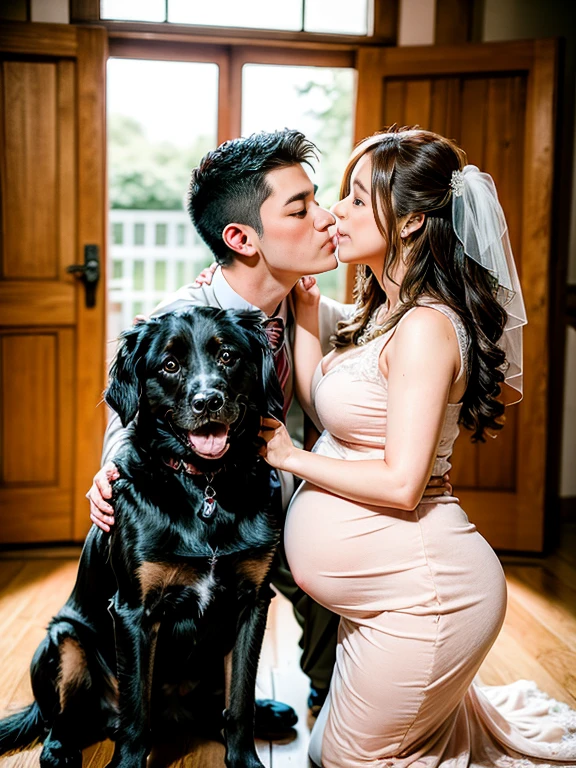 wedding photos,Souvenir photo with the dog,Young pregnant woman posing with adult dog retriever、Pregnant woman with a sad face、Kiss with a retriever dog standing up、(NSFW)
