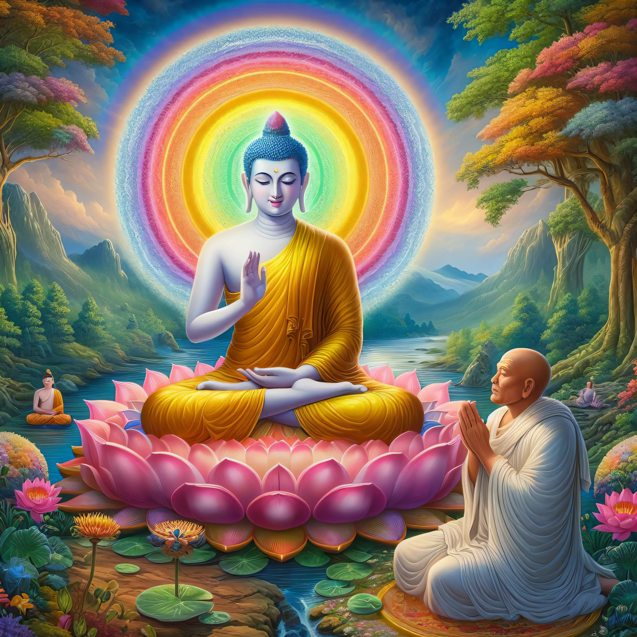 buddha and buddha sitting on lotus flower with rainbow in background, buddhism, buddhist, spiritual enlightenment, the buddha, on the path to enlightenment, on path to enlightenment, a beautiful buddhist mandala, buddhist art, buddha, enlightenment, samsara, sitting on a lotus flower, hindu stages of meditation, alex grey and tim hildebrandt, enlightenment. intricate, karma sutra