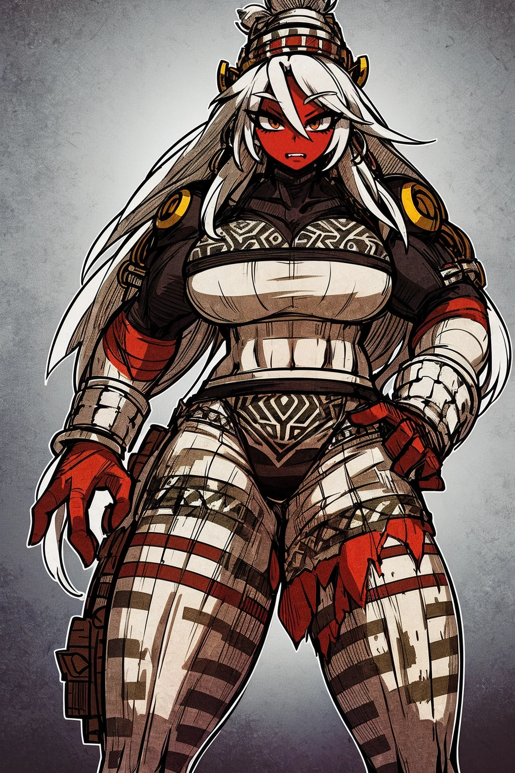 Ebony skinned female with white dreadlocks, thicc, wearing tribal warrior outfit