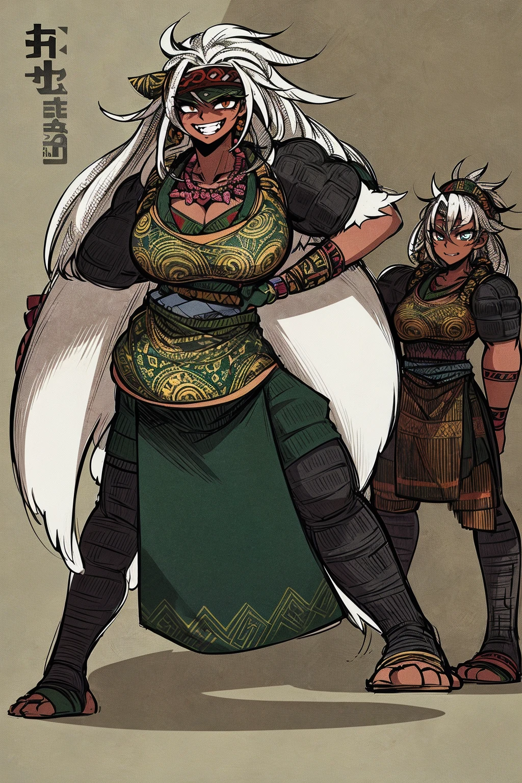 Ebony skinned female with white dreadlocks, thicc, wearing tribal warrior outfit