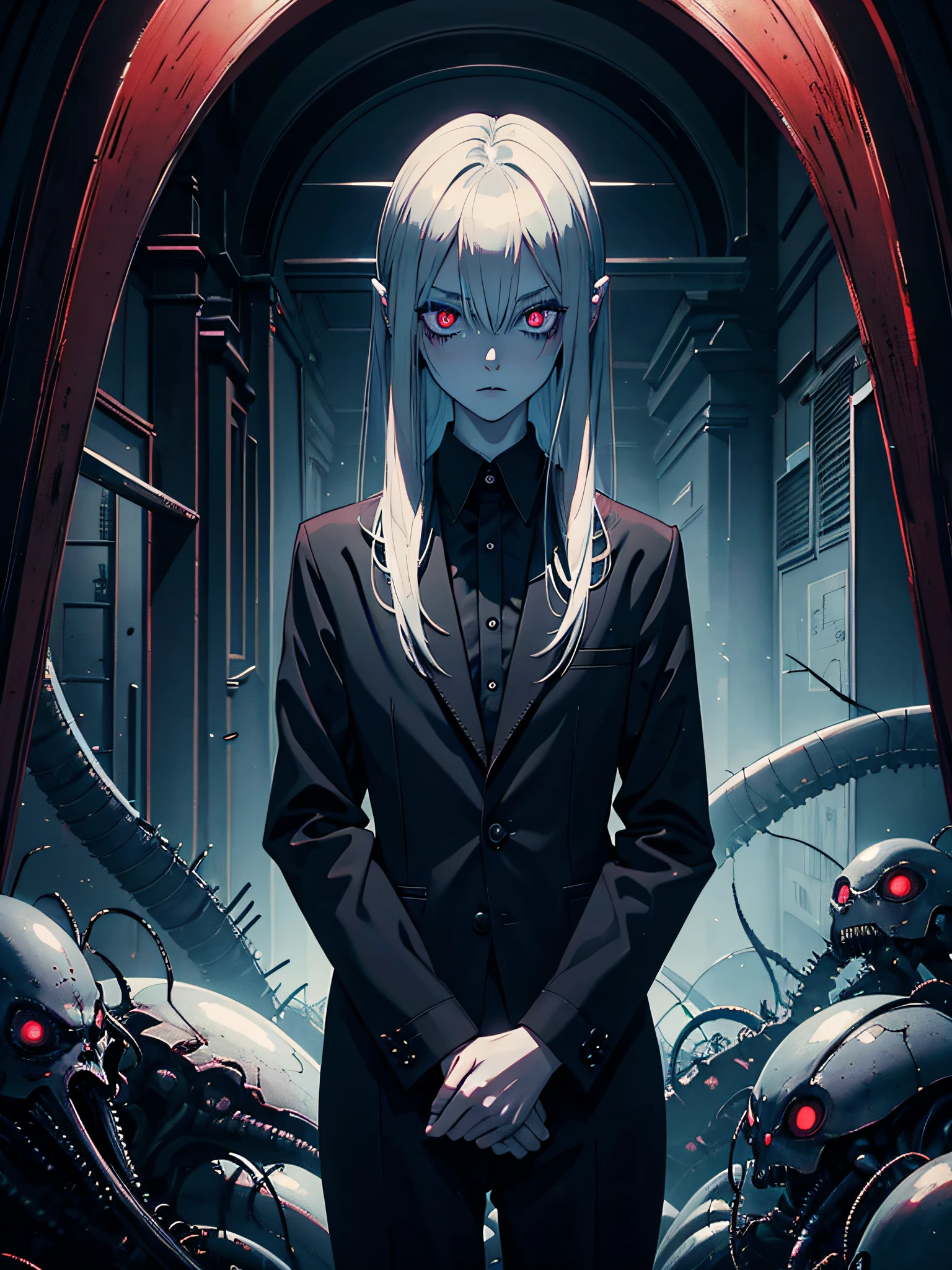 horror art, masterpiece, (dark anime alien girl), pale-grey-light-blue alien skin, glossy iron hair, dark black alien insect eyes, gloomy anime alien girl, closed good formal clothes, dark apartment, single person, alien character, many red roots on the background