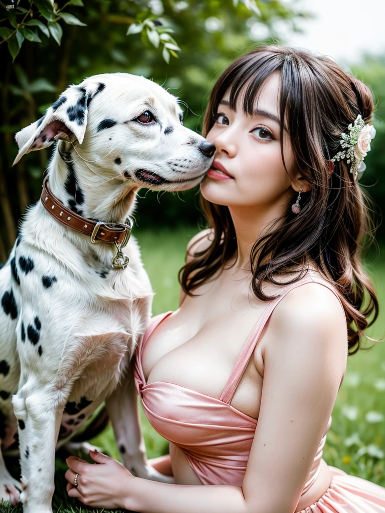 wedding photos,Souvenir photo with the dog,Young pregnant woman posing with adult dog Dalmatian、Pregnant woman with a sad face、Kiss with a Dalmatian who stood up、(NSFW)