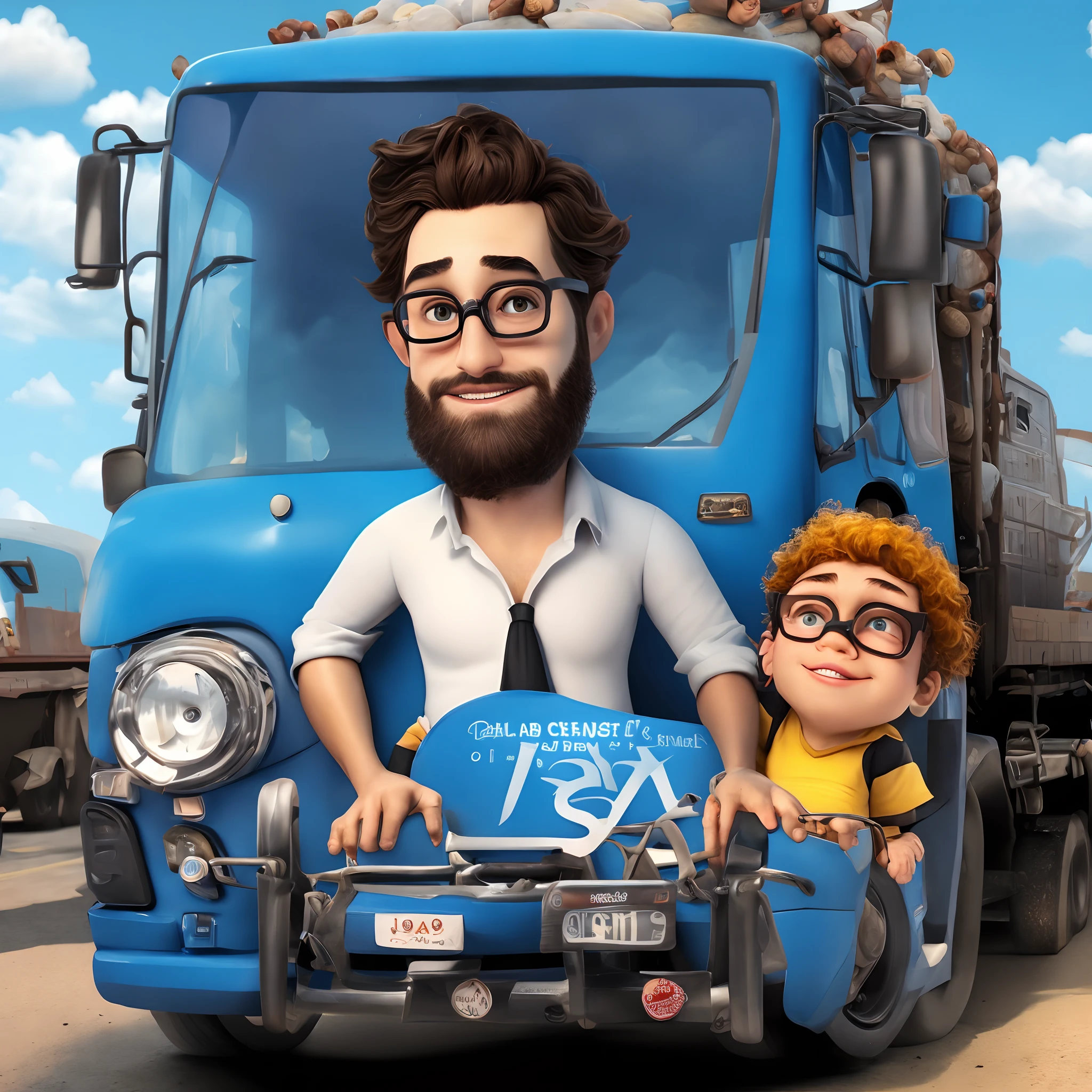 a 3D Disney-style movie poster from pixar with a skinny man and little beard, cabelo curto moreno, of black glasses,vestindo uma blusa azul escrito Porto seguros, Inside a truck driving, e Jesus do lado,olhos pretos e rosto magro, sem bigode e nariz fino