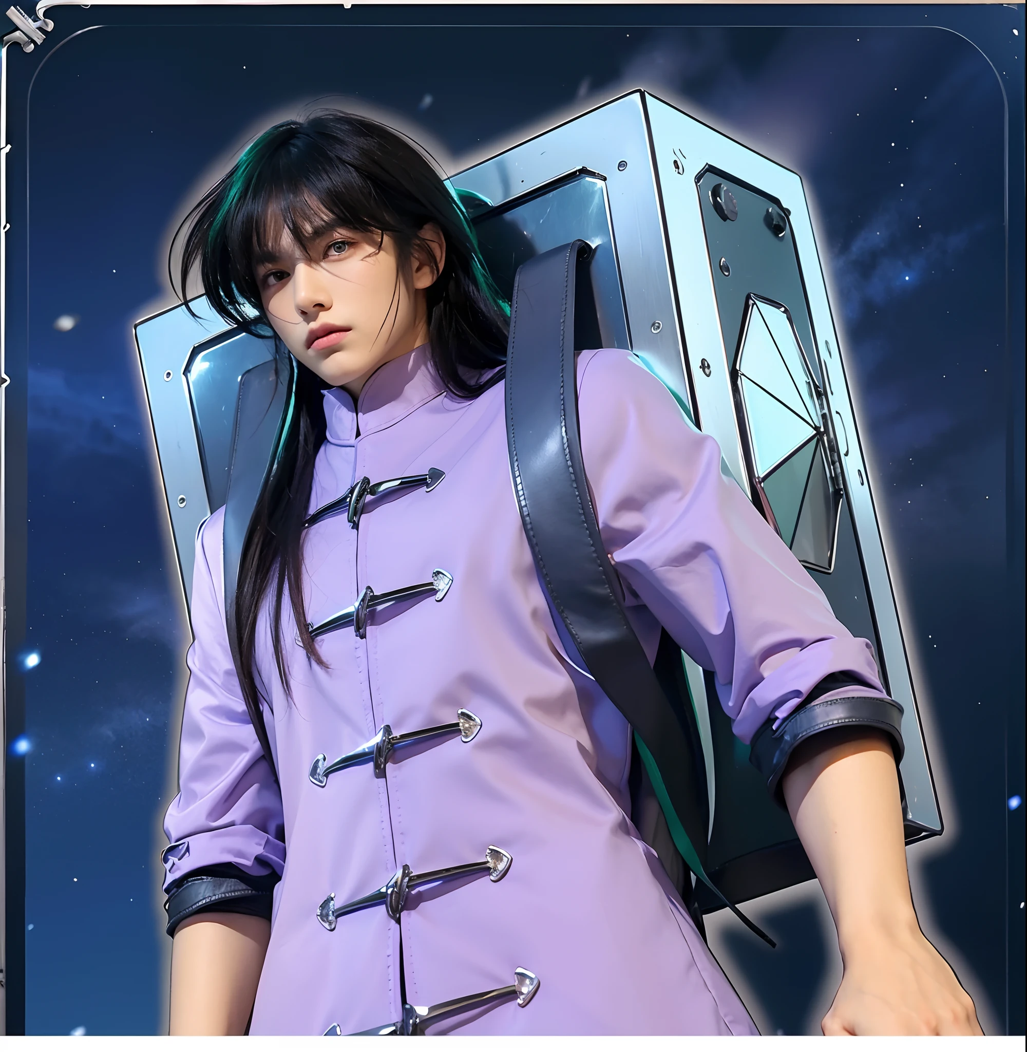 (masterpiece), (realistic), half body, (male) of 18 years old, Japanese (1boy), slightly side view, serious powerful look, solo, (handsome man), ((pretty big green eyes)), ((well done eyes)), looking in front, long straight messy black hair, ((bangs)), hair blowing in the air, (beardless), masculine Chinese tunic light purple, leather straps, metallic (Chrome) box on his back, night starry sky background, cinematic lighting.
