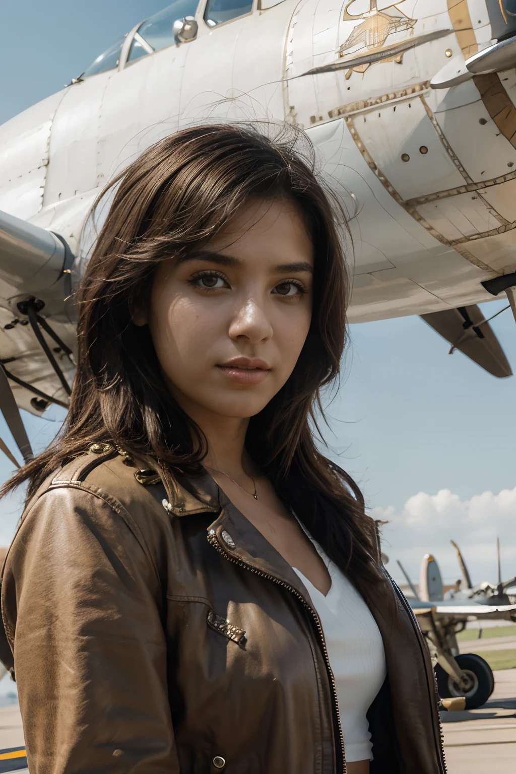 8k, highest quality, ultra details, hispanic girl, aviator outfit, vintage airplane, open skies, adventure and freedom.