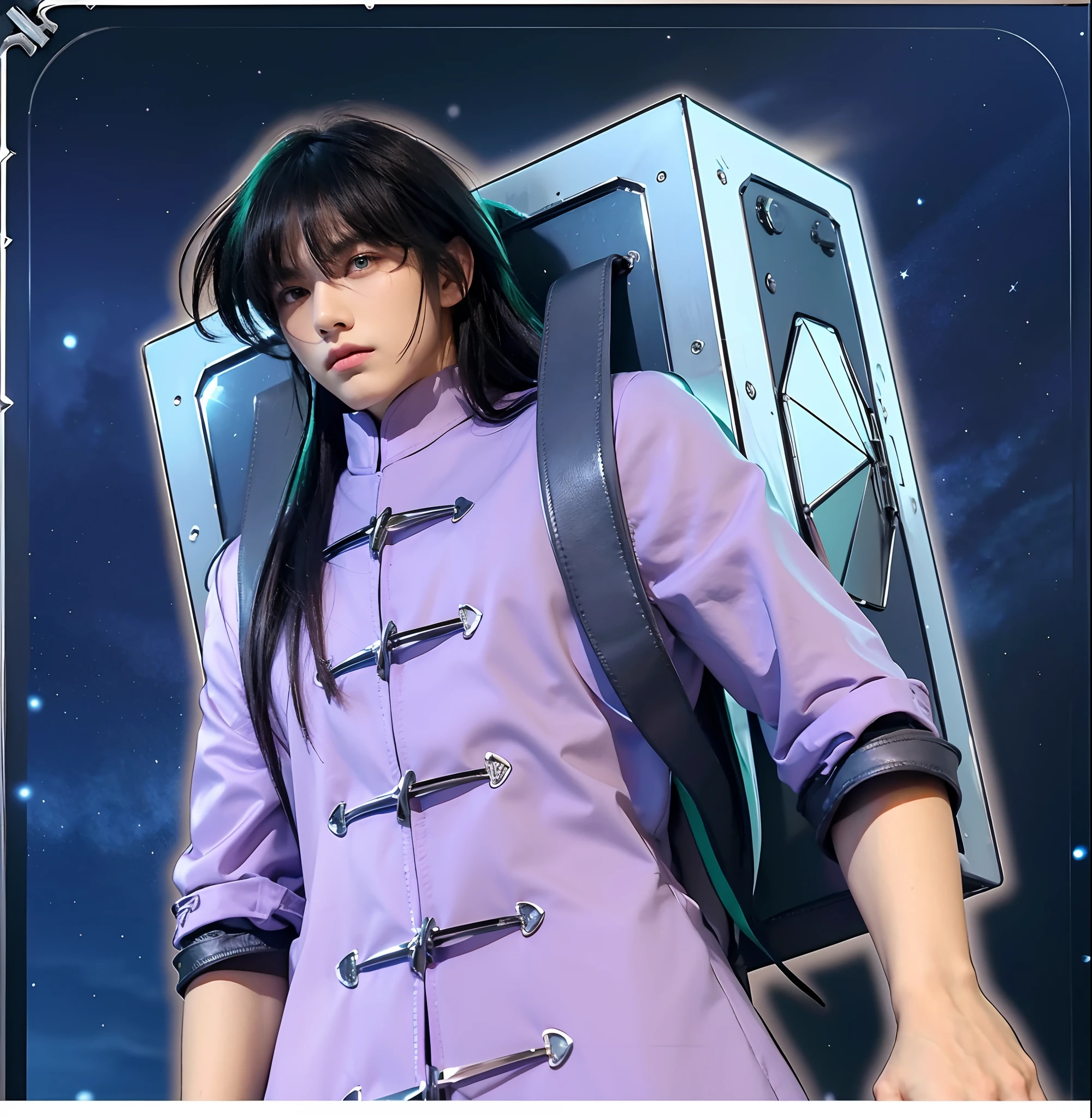 (masterpiece), (realistic), half body, (male) of 18 years old, Japanese (1boy), slightly side view, serious powerful look, solo, (handsome man), ((pretty big green eyes)), ((well done eyes)), looking in front, long straight messy black hair, ((bangs)), hair blowing in the air, (beardless), masculine Chinese tunic light purple, leather straps, metallic (Chrome) box on his back, night starry sky background, cinematic lighting.