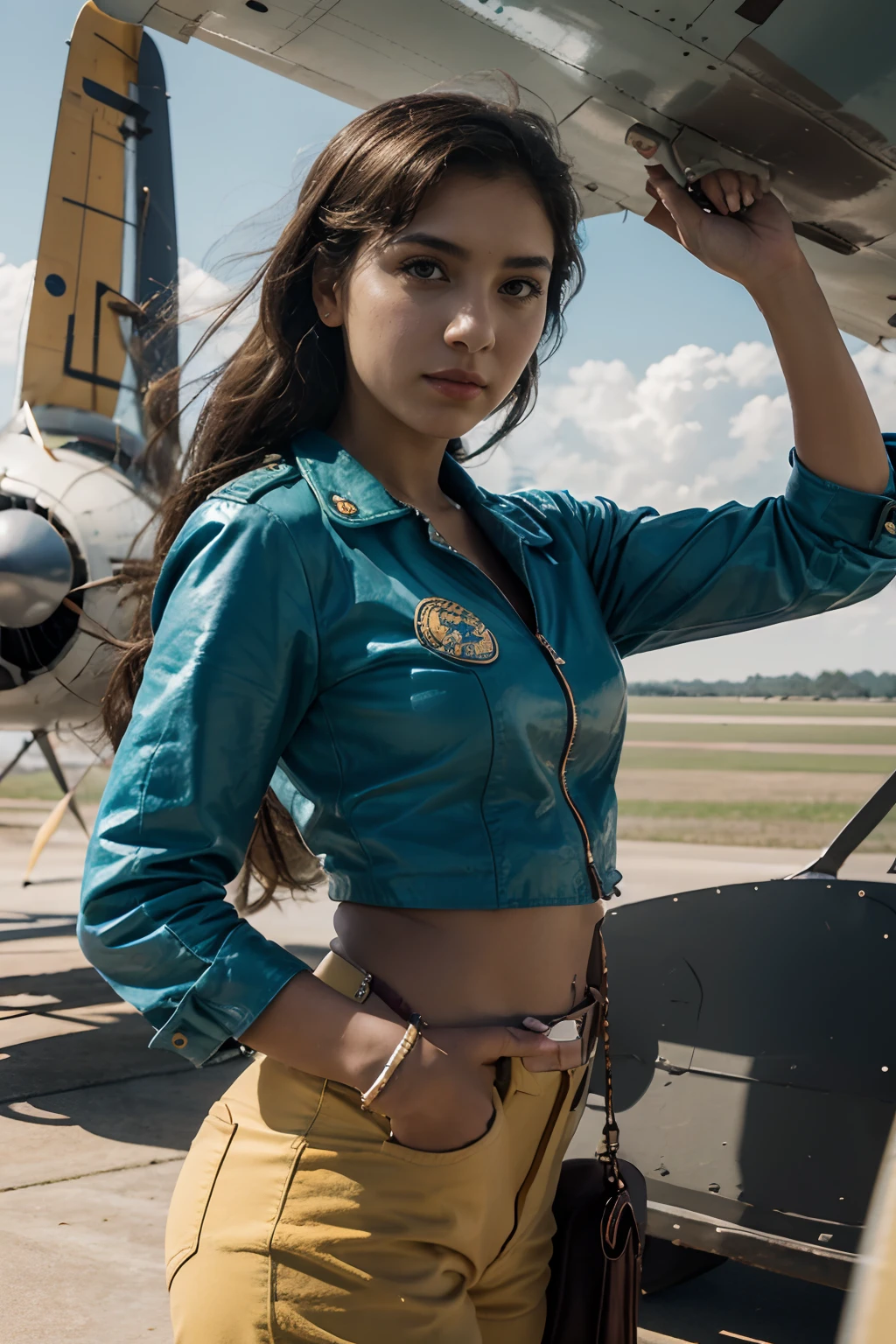 8k, highest quality, ultra details, hispanic girl, aviator outfit, vintage airplane, open skies, adventure and freedom.