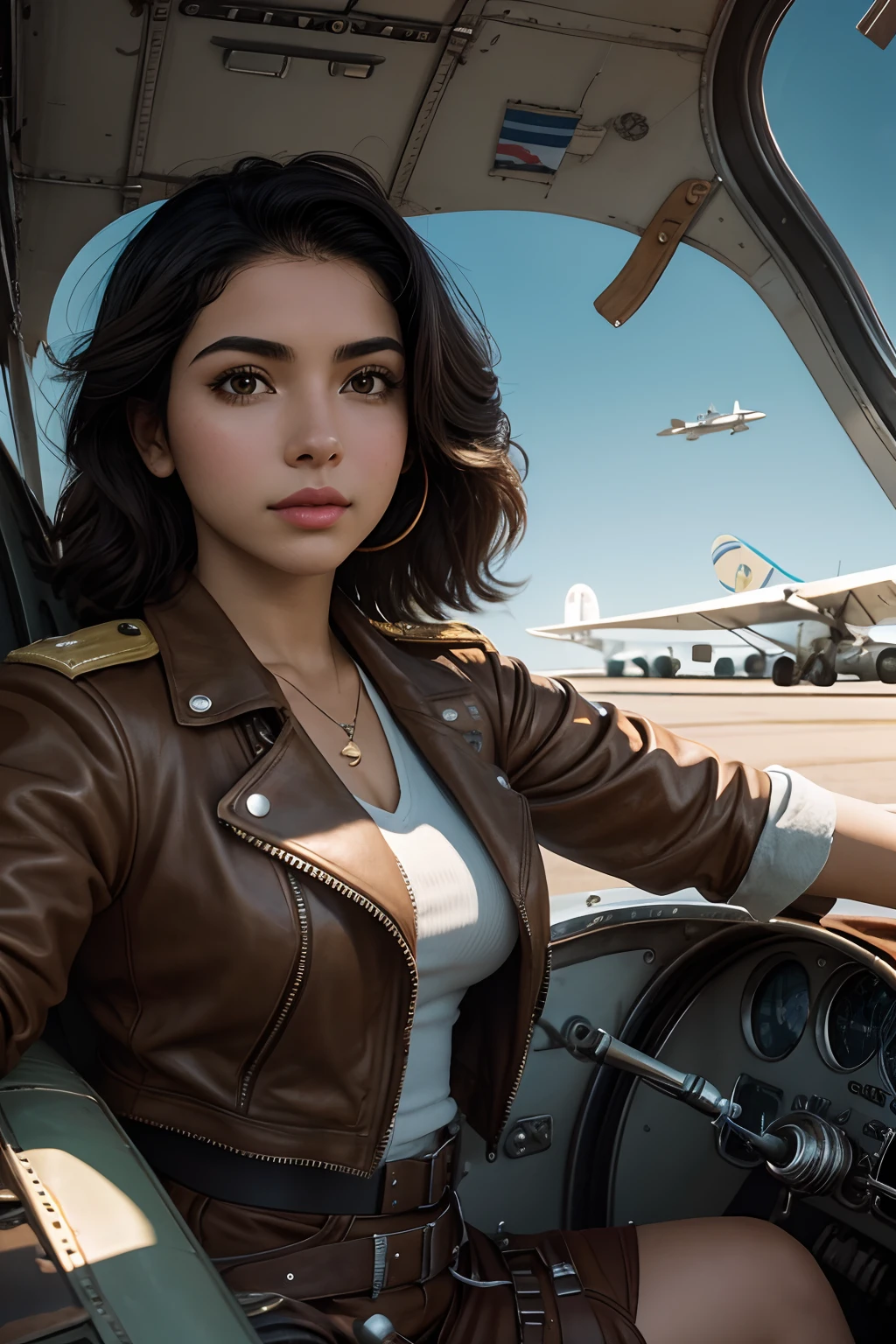 8k, highest quality, ultra details, hispanic girl, aviator outfit, vintage airplane, open skies, adventure and freedom.