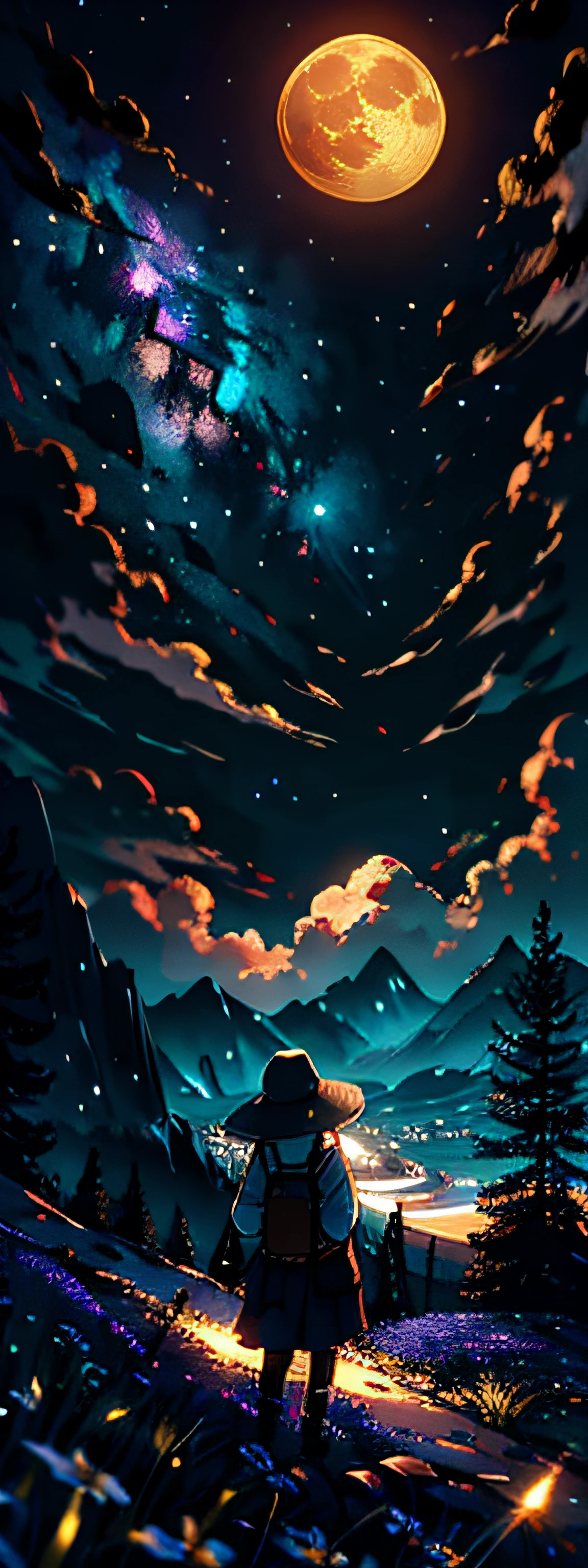 Expansive landscape photograph, (view from below with a view of the sky and the wilderness below), little girl standing in a flower field looking up, (full moon: 1.2), (shooting star: 0.9), (nebula: 1.3), distant mountain, tree break production art, (warm light source: 1.2), (firefly: 1.2), lamp, purple and orange, intricate detail, volume lighting BREAK (masterpiece: 1.2), (highest quality ), 4k, ultra-detailed, (dynamic configuration: 1.4), highly detailed and colorful details (iridescent: 1.2), (sparkling lighting, atmospheric lighting), dreamy, magical, (solo: 1.2)