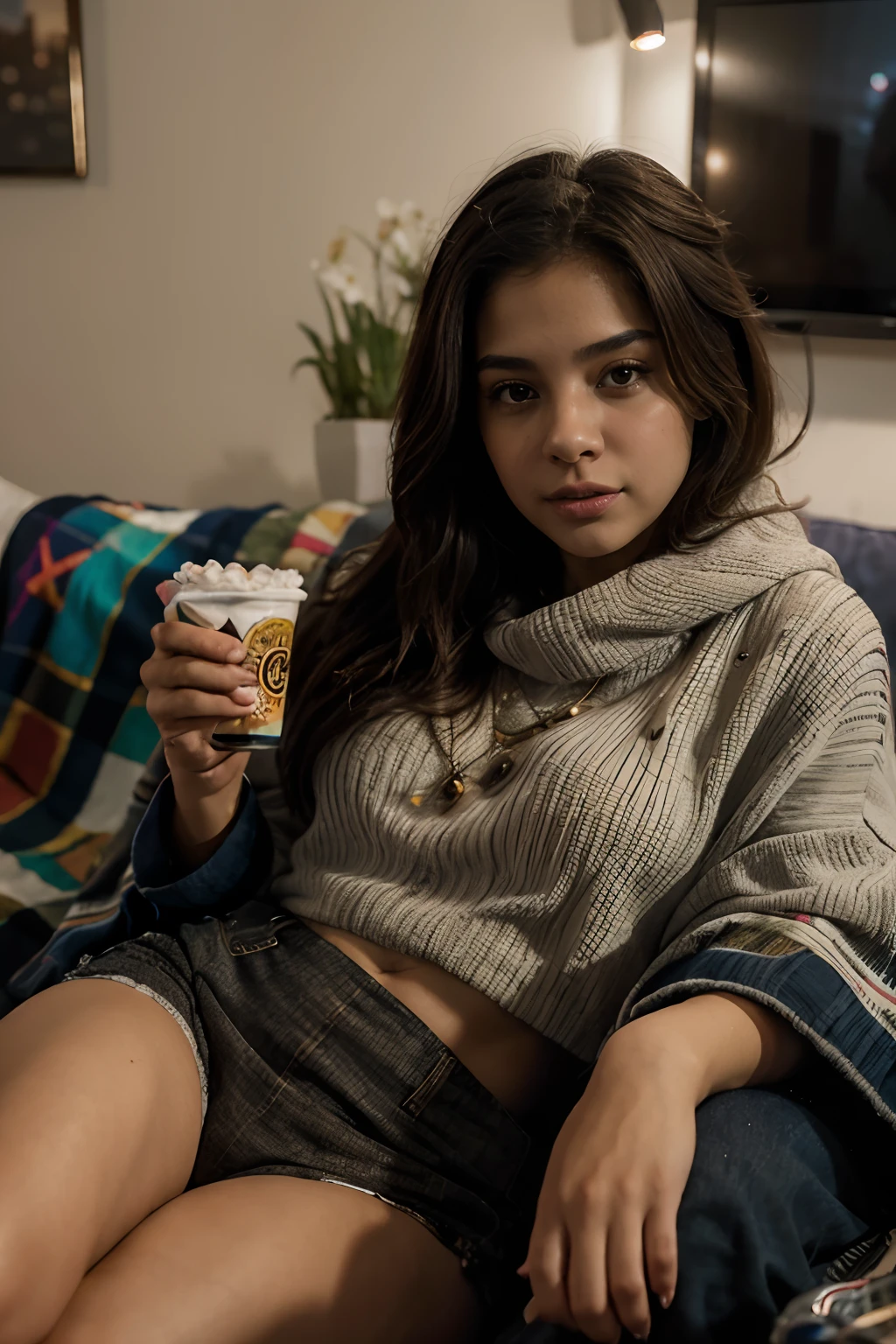 Araffe woman sitting on a couch holding a cup of coffee - SeaArt AI