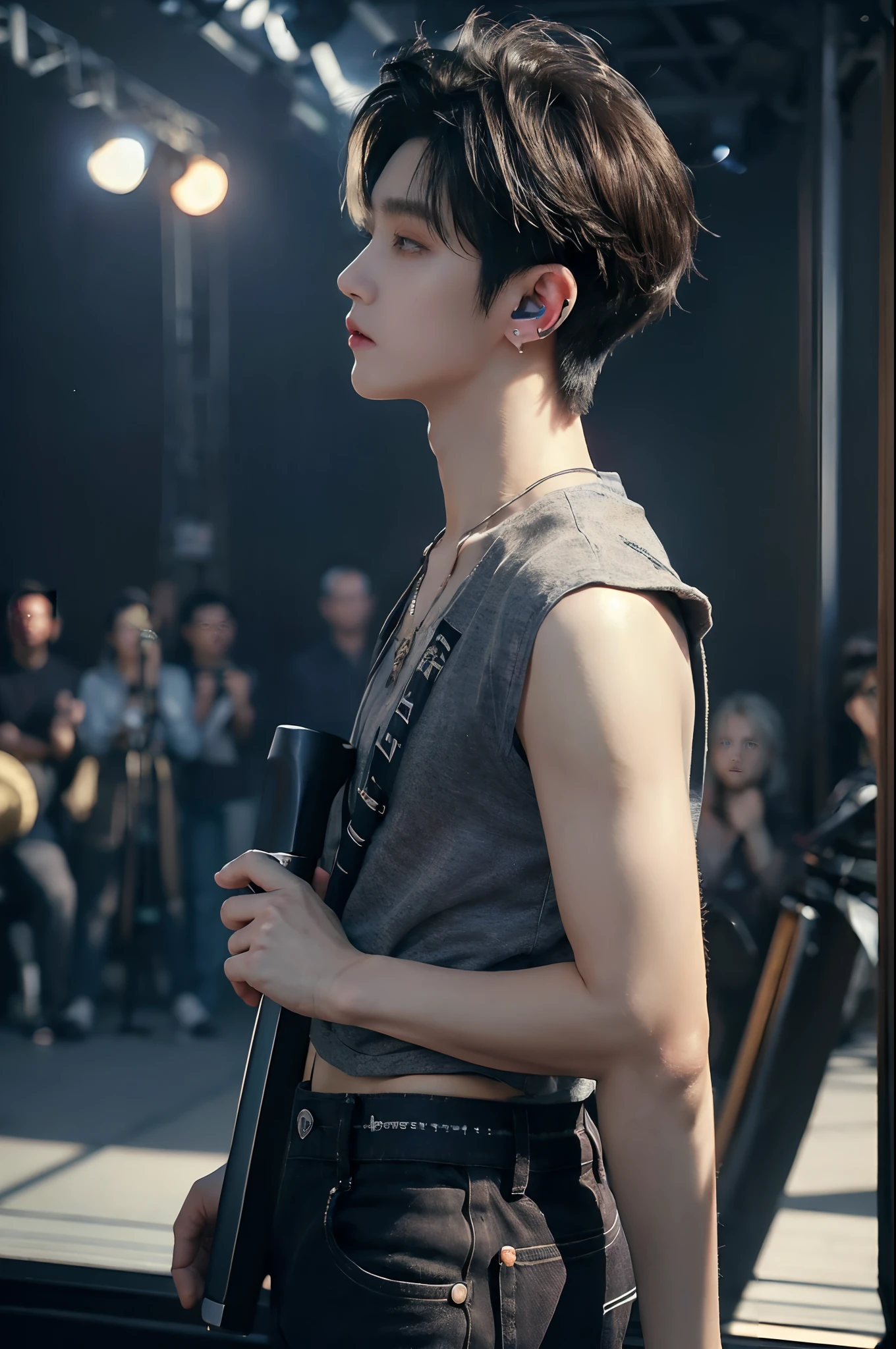 ((4K works))、masterpiece、(top-quality)、((high-level image quality))、((One Manly Boy))、Slim body、((Attractive and sexy jeans fashion))、((Men's Fashion))、(Detailed beautiful eyes)、In a soundproof room、Record a song、Face similar to Chaewon in Ruseraphim、((short hair above the ears))、((Smaller face))、((Neutral face))、((White hair))、((Brown eyes))、((Korean boy))、((18year old))、((Handsome man))、((sings))、((Korean Makeup))、((elongated and sharp eyes))、((Like a celebrity))、Everyday photography、((Shot alone))、((Shot diagonally from the side))、((Upper body photography))、((He stands in front of the microphone stand))