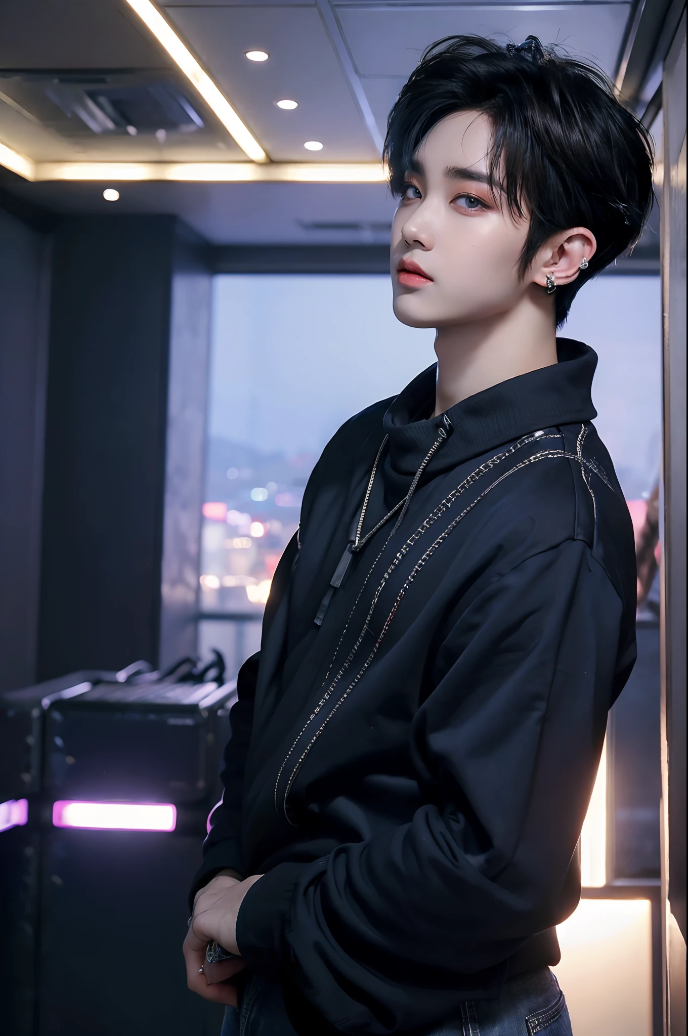 ((4K works))、​masterpiece、（top-quality)、((high-level image quality))、((One Manly Boy))、Slim body、((Attractive and sexy jeans fashion))、((Men's Fashion))、(Detailed beautiful eyes)、In a soundproof room、Record a song、Face similar to Chaewon in Ruseraphim、((short hair above the ears))、((Smaller face))、((Neutral face))、((White hair))、((Brown eyes))、((Korean boy))、((18year old))、((Handsome man))、((sings))、((Korean Makeup))、((elongated and sharp eyes))、((Like a celebrity))、Everyday photography、((Shot alone))、((Shot diagonally from the side))、((Upper body photography))、((He stands in front of the microphone stand))