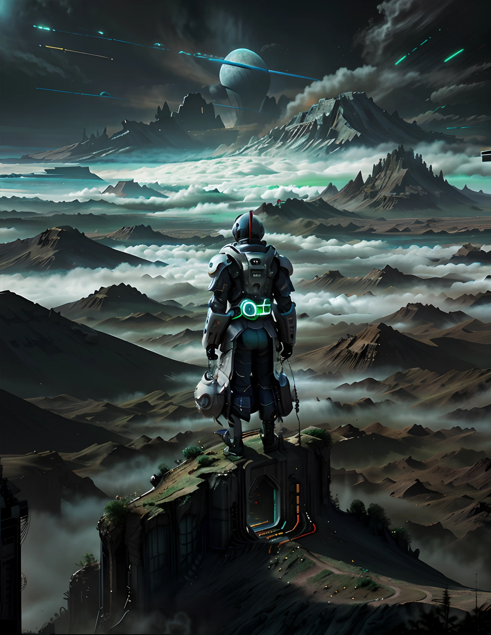 Alien planet , cyber punk style,unnatural flora, mist