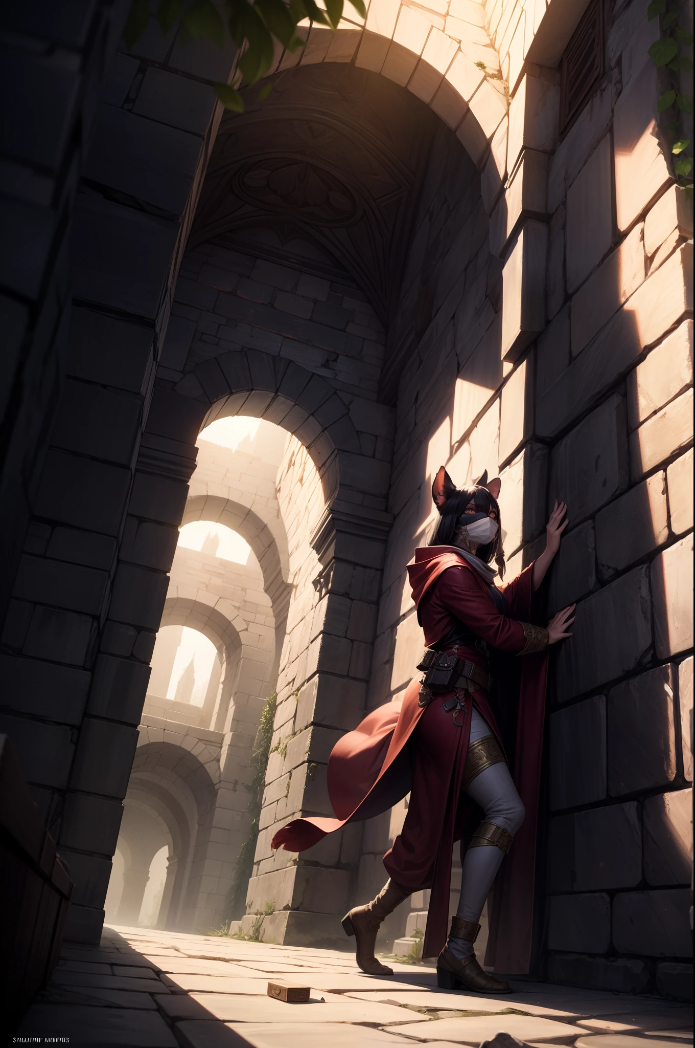 best quality,ultra-detailed,realistic,highres,masterpiece:1.2,tabaxi girl,furry:1.5,beautiful detailed eyes,beautiful detailed lips,extremely detailed face,fluffy body and ears,robe,detailed half mask,thief,Sneaking around,curious expression,dimly lit dungeon,treasure chests,sparkling gems,mysterious shadows,twisting passageways,dagger,climbing walls,clandestine mission,adventurer,stealthy movements,shadows and light,subtle lighting,colossal stone pillars,dense atmosphere,ancient ruins,ethereal glow,secretive ambiance,masterful brushstrokes,vivid colors,fantasy art,dungeon crawling game,dangerous quest,fantasy world