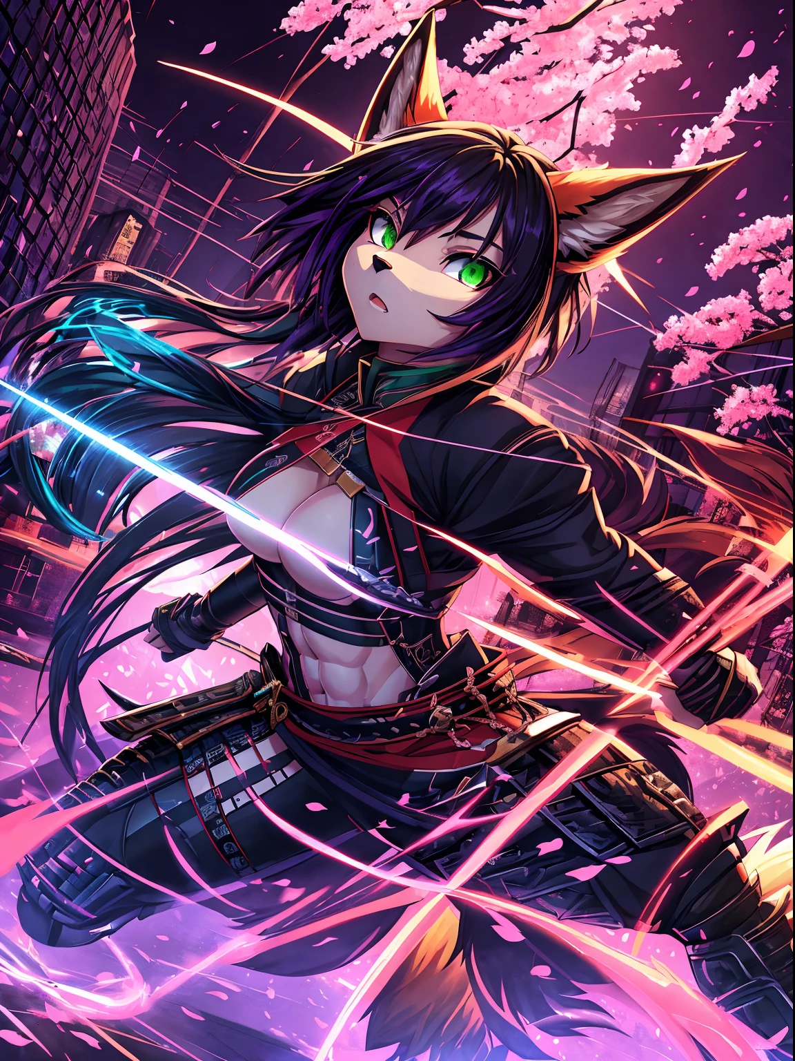 (best quality,4k,8k,highres,masterpiece:1.2),ultra-detailed,sexy furry fox girl with well toned abs,fox snout, fox ears,one fox tail,cyberpunk samurai,purple highlights in hair,black hair,punk hairstyle,action pose with katana,sharp focus,professional,vivid colors,studio lighting,dark atmosphere,lit by moonlight,glowing green eyes,expressive,sexy samurai armor,dynamic movement,mysterious background scenery,sinuous motion,intense fight scene with flying cherry blossoms