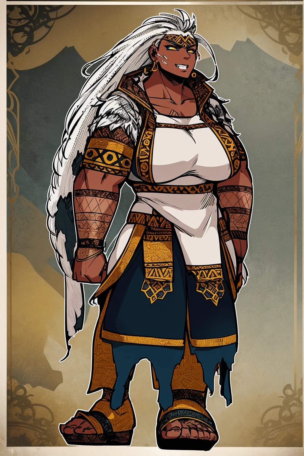 Ebony skinned female with white dreadlocks, thicc, wearing tribal warrior outfit, full body