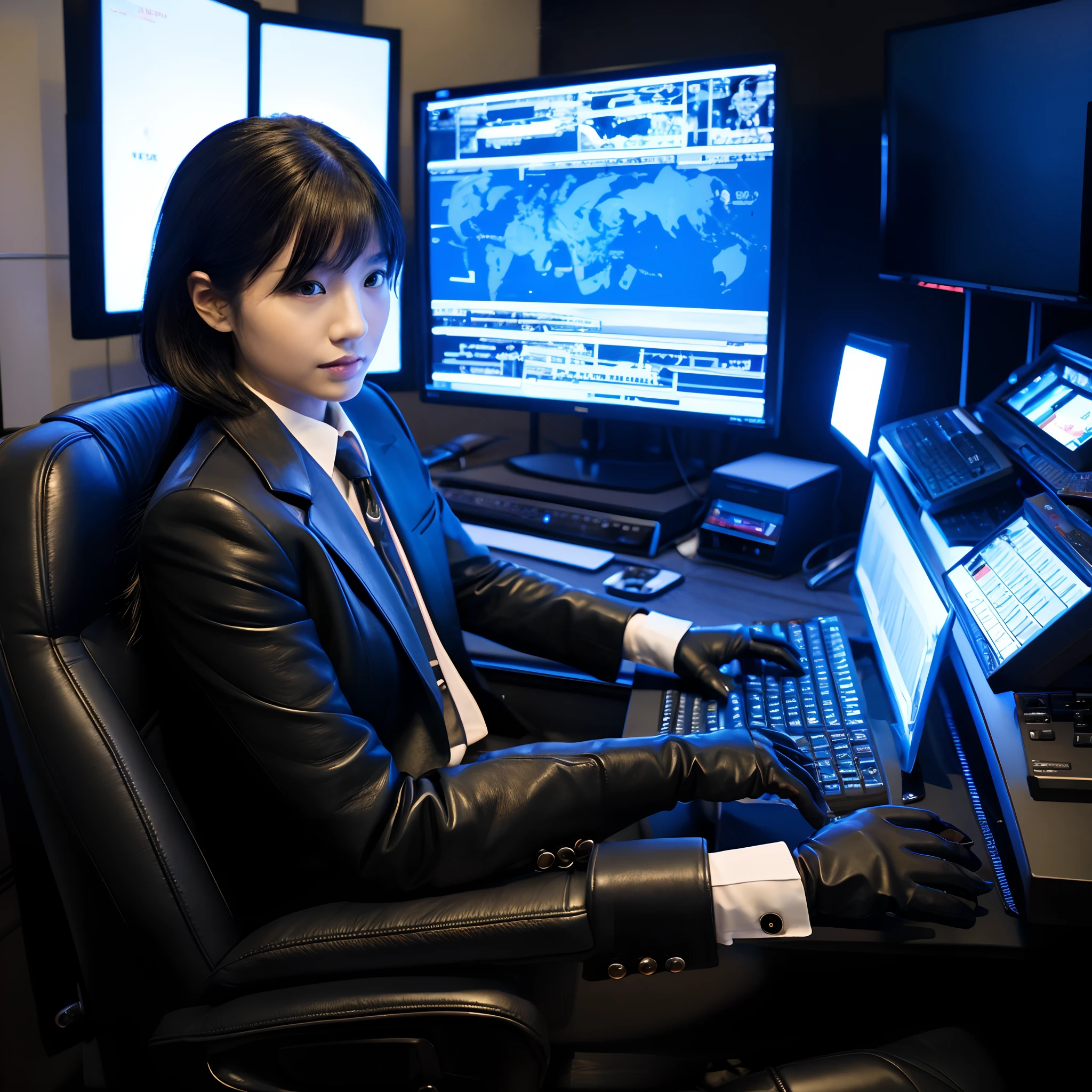 Upper body: Wearing a black business suit, Facing the desk in my room with a computer in the dark, Tapping the keys on the computer keyboard with the fingertips of black leather gloves while looking at the screen,Sitting on a large chair with a black leather backrest、 Black hair was tied back for a long time, Japan Female New Employees (Black leather gloves cover both hands) (The angle is frontal)