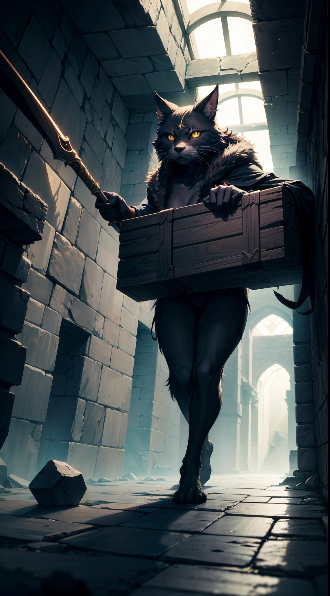 best quality,ultra-detailed,realistic,highres,masterpiece:1.2,tabaxi girl,furry:1.5,beautiful detailed eyes,beautiful detailed lips,extremely detailed face,fluffy body and ears,robe,detailed half mask,thief,Sneaking around,curious expression,dimly lit dungeon,treasure chests,sparkling gems,mysterious shadows,twisting passageways,dagger,climbing walls,clandestine mission,adventurer,stealthy movements,shadows and light,subtle lighting,colossal stone pillars,dense atmosphere,ancient ruins,ethereal glow,secretive ambiance,masterful brushstrokes,vivid colors,fantasy art,dungeon crawling game,dangerous quest,fantasy world