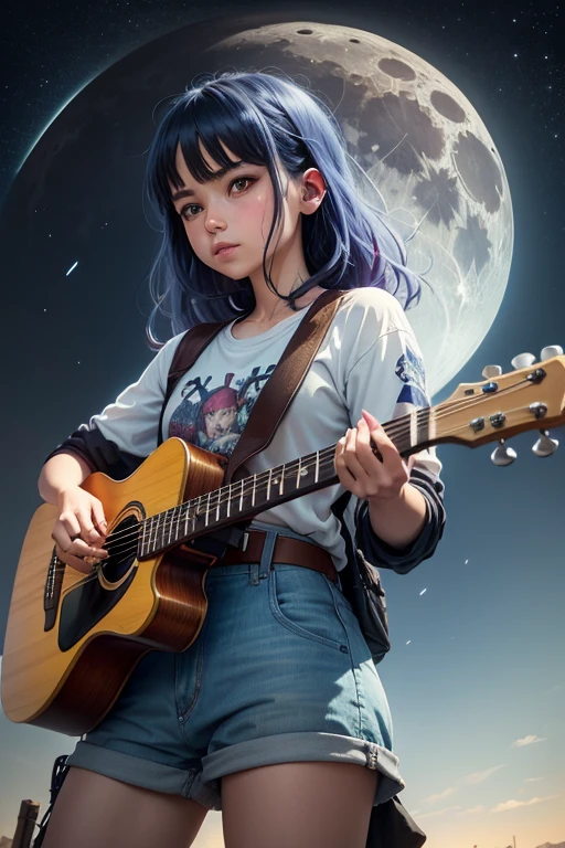 Bela aquarela anime da menina summerpunk. Sentado no topo de uma montanha tocando guitarra, Full moon sky, fundo escuro da noite, Paint Dripping por Tim Okamura, Victor Nizovtsev, Greg Rutkowski, Noah Bradley. trending on ArtStation, 8k, master part, tinta grafite, detalhes finos, cheio de cor, detalhes intrincados, golden ratio illustration,
