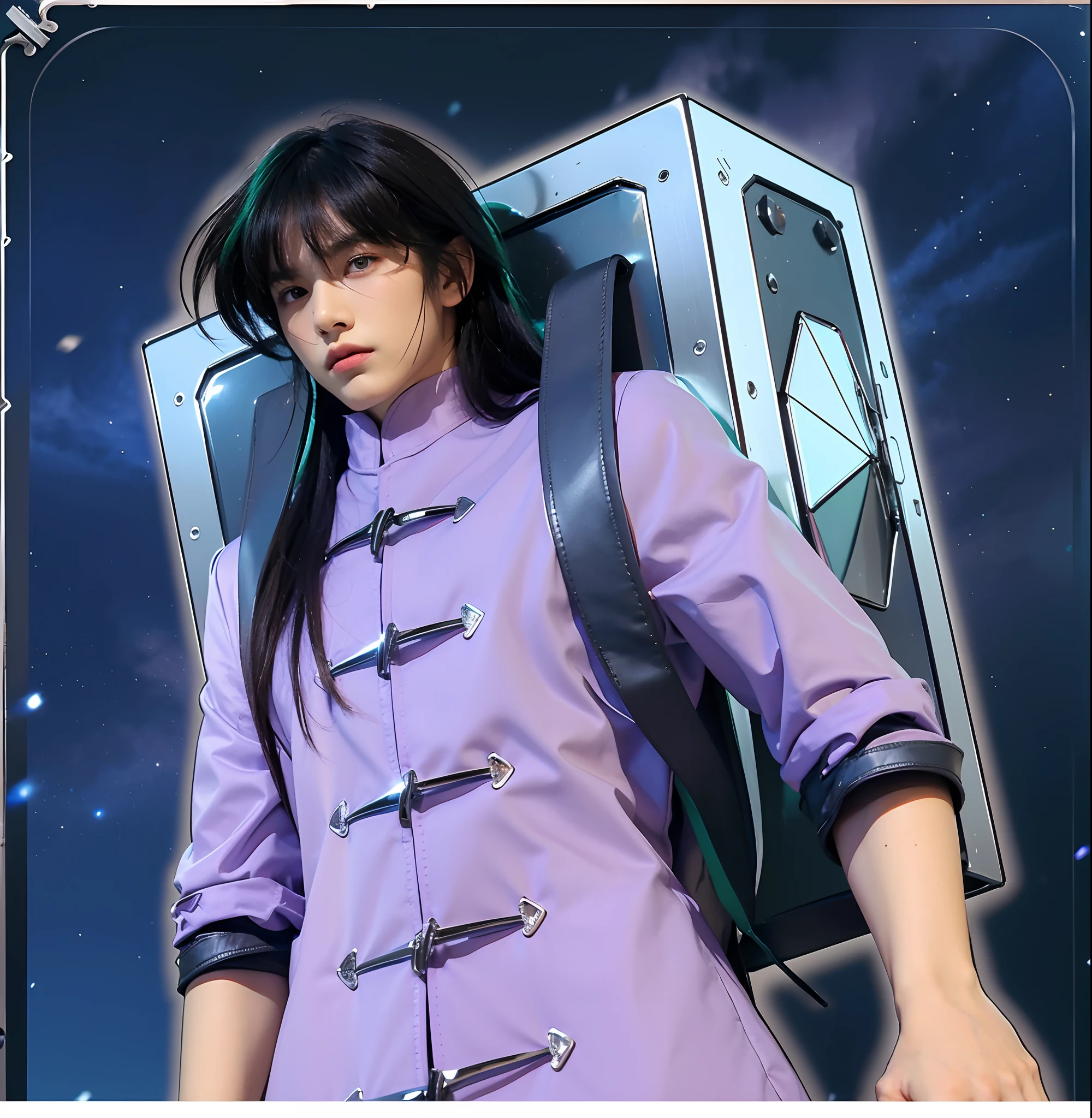 (masterpiece), (realistic), half body, (male) of 18 years old, Japanese (1boy), slightly side view, serious powerful look, solo, (handsome man), ((pretty big green eyes)), ((well done eyes)), looking in front, long straight messy black hair, ((bangs)), hair blowing in the air, (beardless), masculine Chinese tunic light purple, leather straps, metallic (Chrome) box on his back, night starry sky background, cinematic lighting.