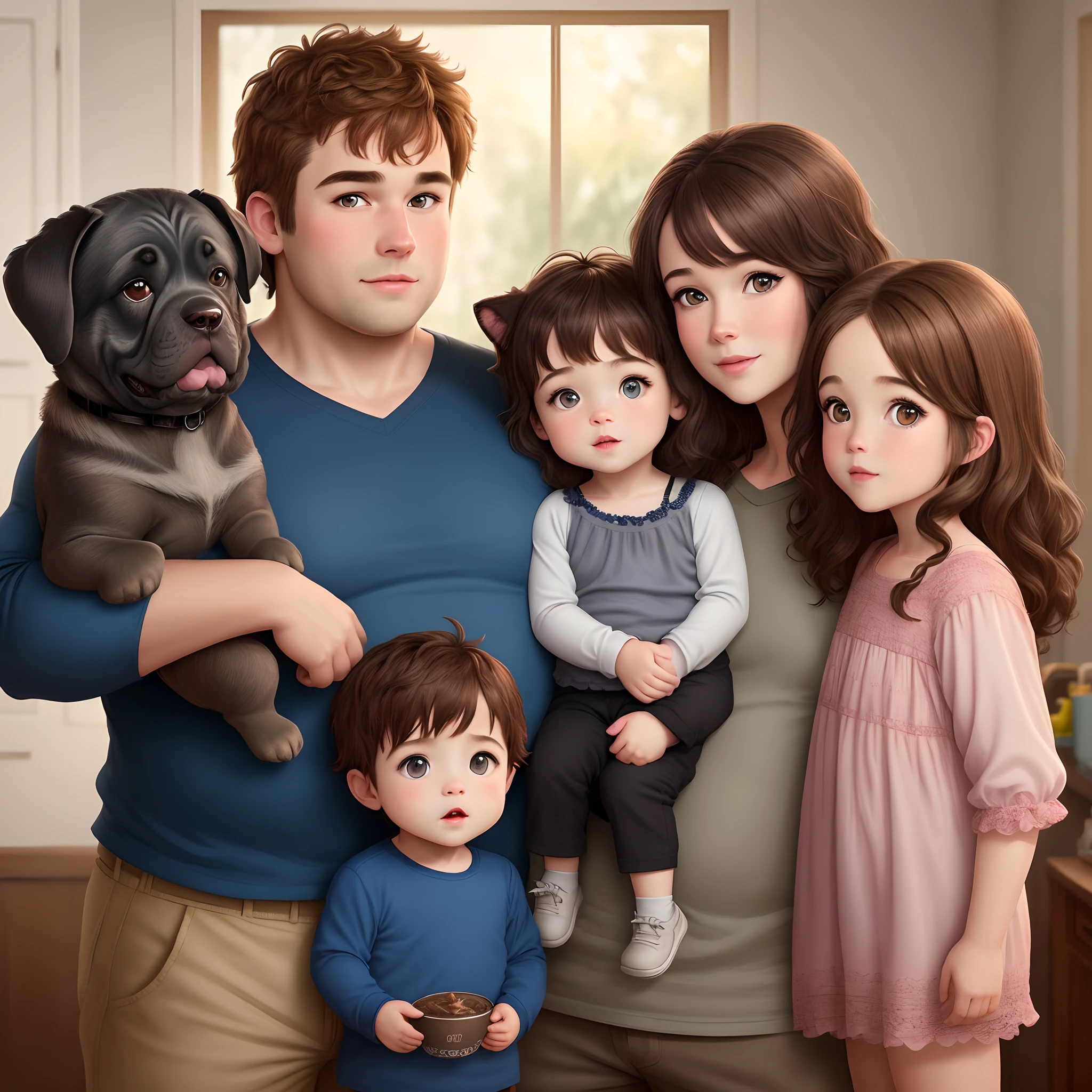 Pixar realistic family portrait, tall chubby muscular man with short light brown hair and blue eyes, short chubby woman with long wavy dark brown hair and eyes, toddler boy with short light brown hair and brown eyes, grey brindle cane corso dog with cropped ears