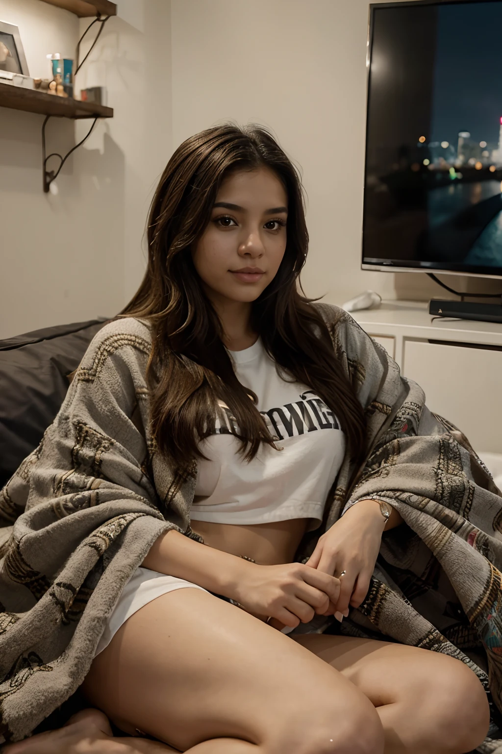 8k, highest quality, ultra details, hispanic girl, enjoying a movie night at home, surrounded by cozy blankets and snacks, relaxation and entertainment, char_Elena