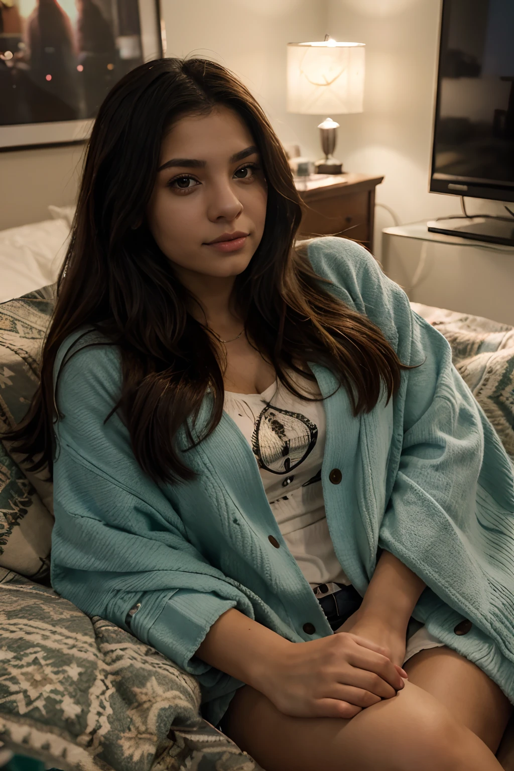 8k, highest quality, ultra details, hispanic girl, enjoying a movie night at home, surrounded by cozy blankets and snacks, relaxation and entertainment, char_Anabelle