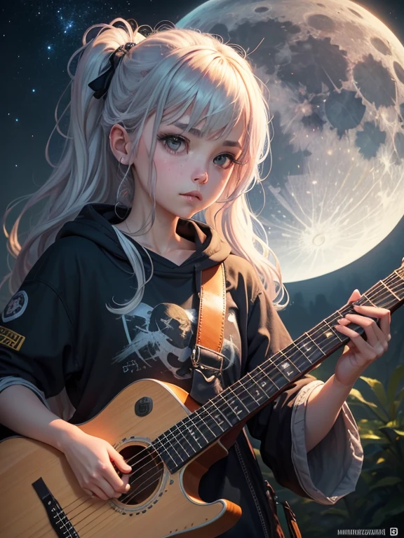 Bela aquarela anime da menina summerpunk. Sentado no topo de uma montanha tocando guitarra, Full moon sky, fundo escuro da noite, Paint Dripping por Tim Okamura, Victor Nizovtsev, Greg Rutkowski, Noah Bradley. trending on ArtStation, 8k, master part, tinta grafite, detalhes finos, cheio de cor, detalhes intrincados, golden ratio illustration,