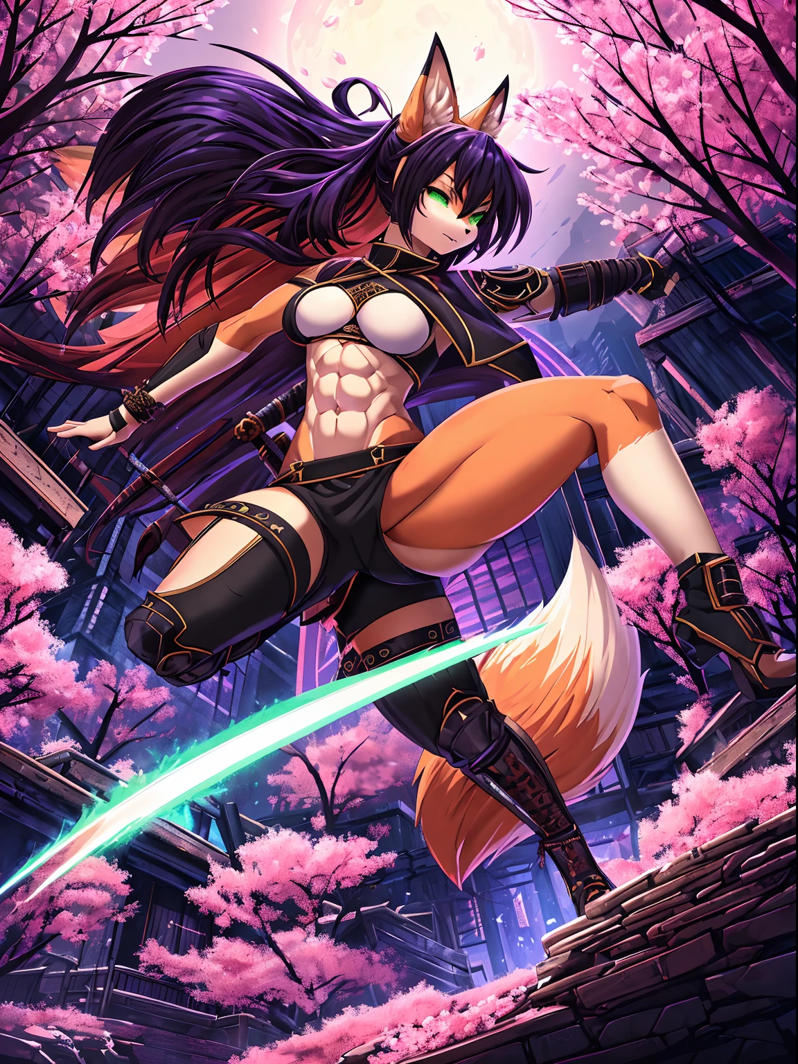 (best quality,4k,8k,highres,masterpiece:1.2),ultra-detailed,sexy furry fox girl with well toned abs,fox snout, fox ears,fox tail,fiery-orange fur,cyberpunk samurai,purple highlights in hair,black hair,punk hairstyle,action pose with katana,sharp focus,professional,vivid colors,studio lighting,dark atmosphere,lit by moonlight,glowing green eyes,expressive,sexy samurai armor,dynamic movement,mysterious background scenery,sinuous motion,intense fight scene with flying cherry blossoms