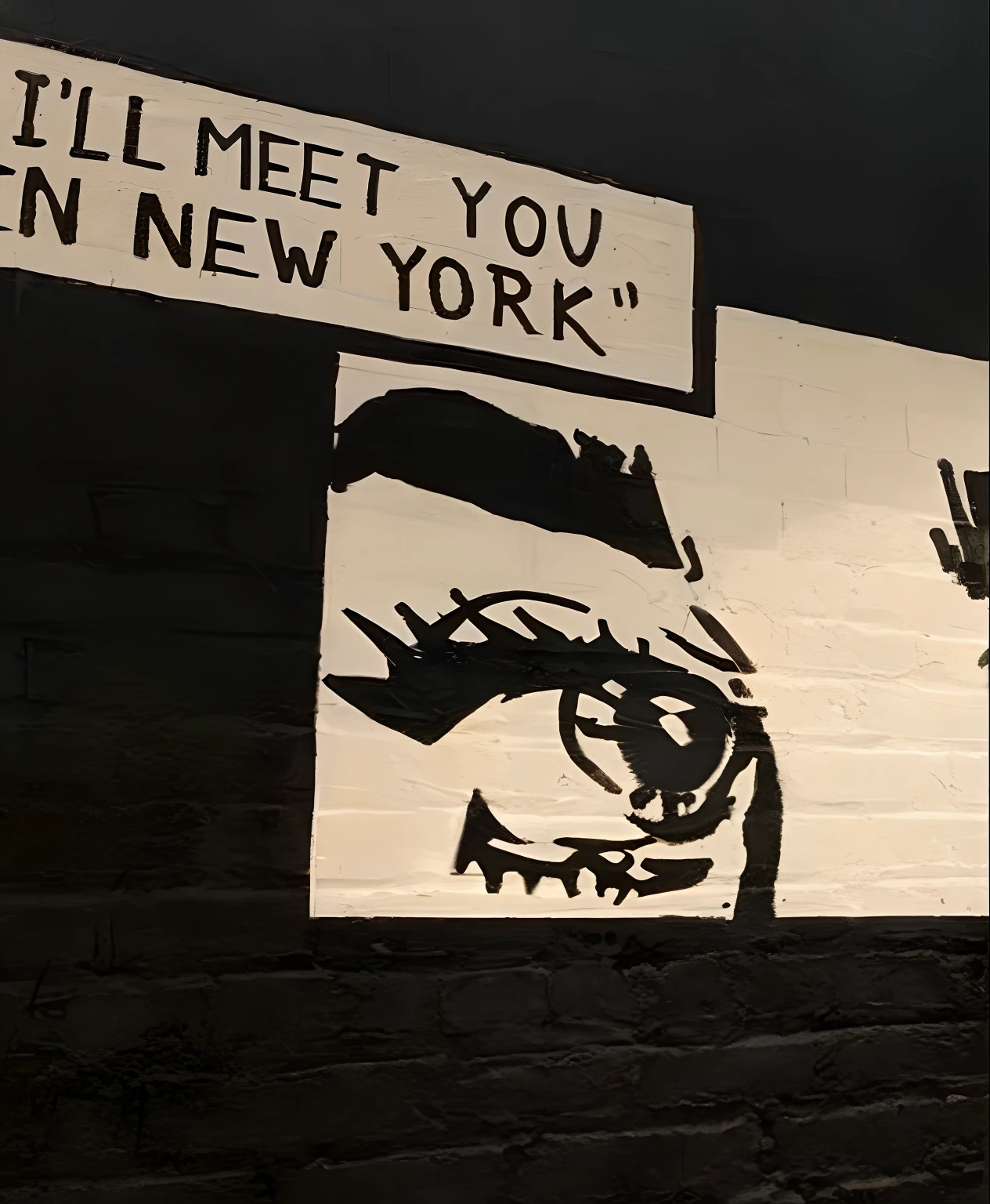 Graffiti en la pared de un edificio con un letrero que dice "I'll see you in New York", NY Style Grafitti, Arte de la plantilla, pintado en una pared de ladrillo, plantilla, obra maestra, pintado con aerosol en una pared, pintado en una pared gigante, Te veo, Estilo de Banksy, Retrato punk hecho de pintura, Artista desconocido, Arte punk, en Nueva York