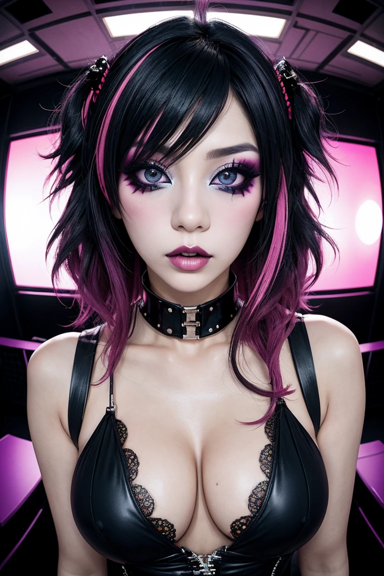 Close-up of a visual kei fashion models, highlighting the avant-garde makeup and elaborate hairstyle, against a futuristic and vibrant studio setting, massive cleavage, dynamic fisheye photography style, high-definition quality.