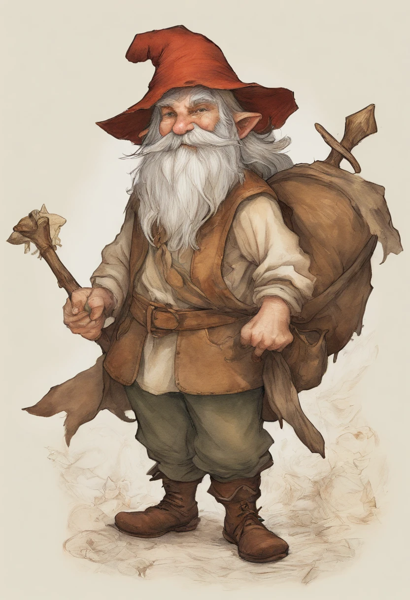 Gros plan d’un gnome de dessin animé avec un chapeau et un sac à dos, Déguisements bleus, un bâton dans la main gauche, Fond bleuté, avec des étoiles et des constellations, jeune, jovial, Souriant, Content, art conceptuel par Tony DiTerlizzi, Gagnant du concours Artstation, L’Inculto, Brian Froud Juan Gimenez, Portrait d’un gnome nommé Eldon, jean - baptiste monge, Estilo Brian Froud, monge jean-baptiste monge, Jean-Baptiste moine
