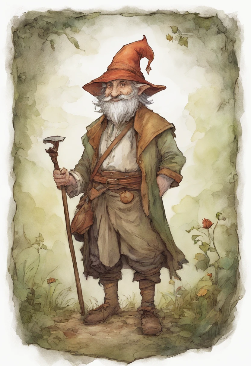 Gros plan d’un gnome de dessin animé avec un chapeau et un sac à dos, Déguisements bleus, un bâton dans la main gauche, Fond bleuté, avec des étoiles et des constellations, jeune, jovial, Souriant, Content, art conceptuel par Tony DiTerlizzi, Gagnant du concours Artstation, L’Inculto, Brian Froud Juan Gimenez, Portrait d’un gnome nommé Eldon, jean - baptiste monge, Estilo Brian Froud, monge jean-baptiste monge, Jean-Baptiste moine