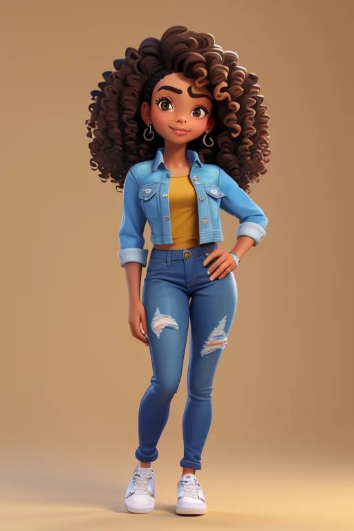 3DCHARACTER, 1 , mulher adulta, hazelnut eyes, cabelos pretos cacheados curtos, (((curly hair))), Black power, pele marrom, (((Brown skin))), Denim Jeans Pants, camisa branca, (corpo inteiro: 1.2), fundo simples, obra-prima, melhor qualidade, flor no cabelo, (fundo gradiente de ameixa clara: 1.1)