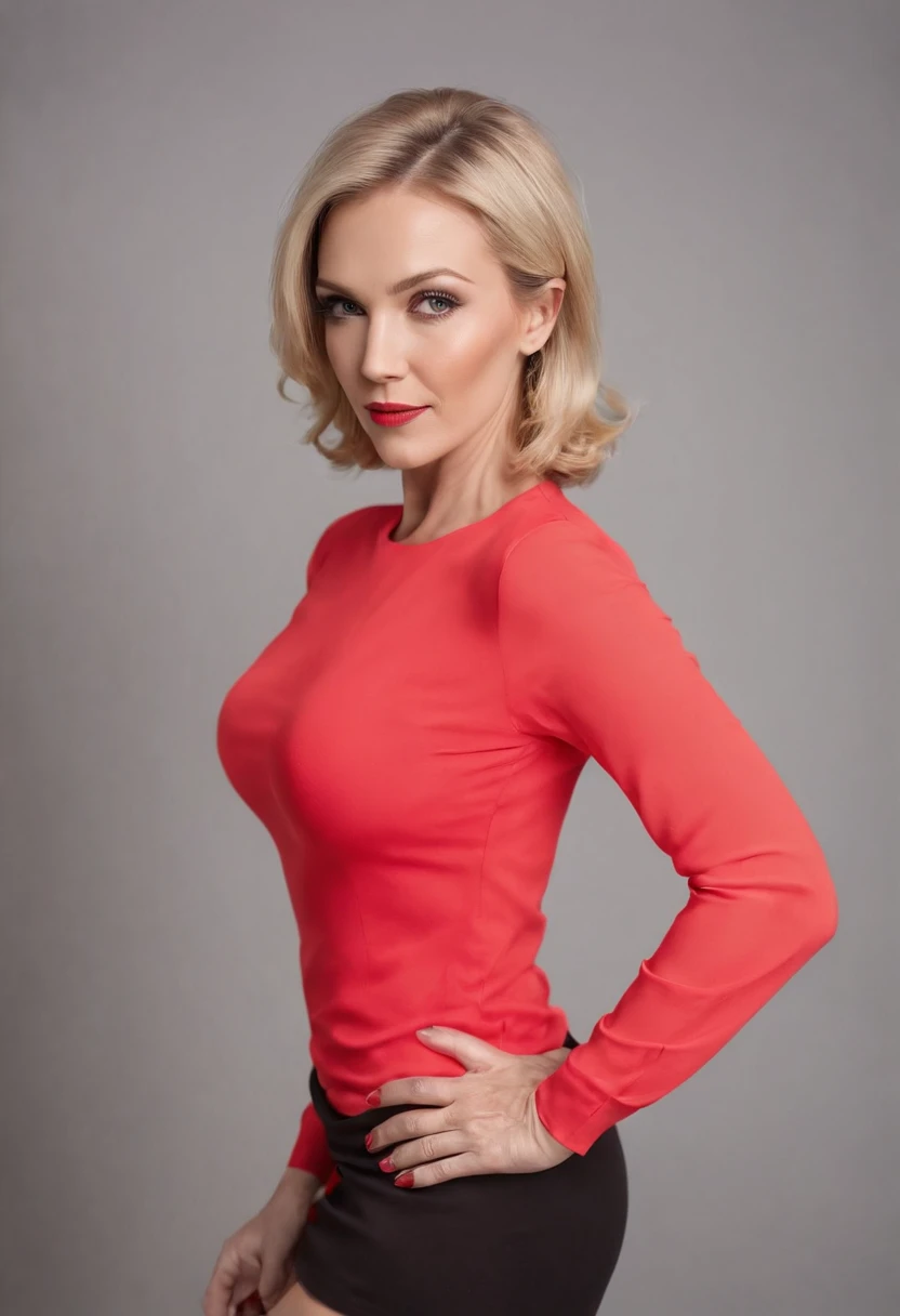 Professional, High level of detail, Full body photo of blonde (attractive 45yo woman:1.3), (classy stylish bob haircut)1.3, gray eyes, (neon red-colored tight opened shirt)1.4, (black skirt and stockings)1.455,natural lighting, (seductive:1.1), (blushing:1.1 ), (classy, elegant, dandy)1.2, (big natural breasts)1.2 (pokies)1.3, (toned body, hourglass body shape) (wipe hips), (full body with visible face and eyes)1.5