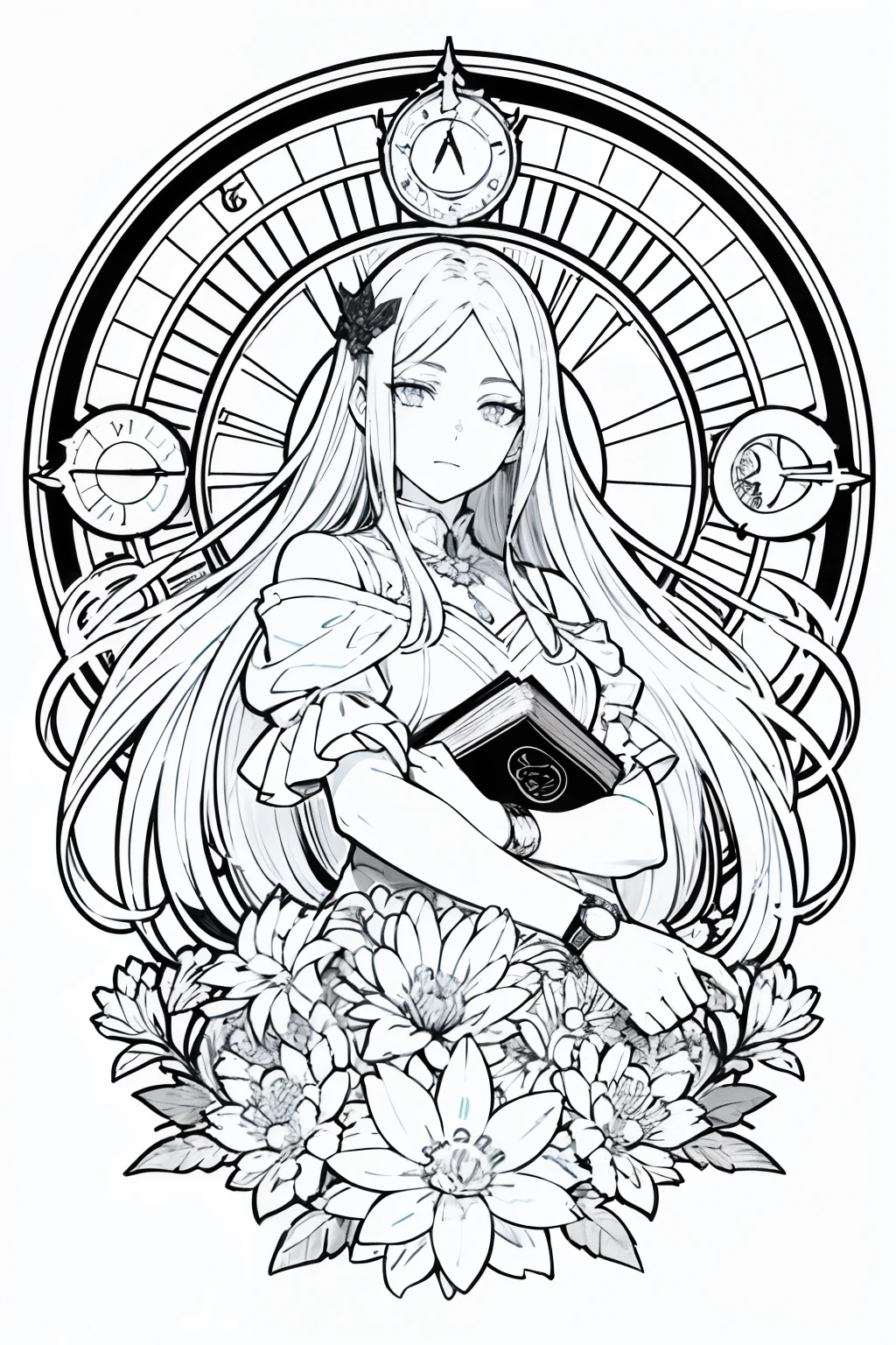 Painting of a woman with long hair and a watch, bela arte de linha, arte da linha preto e branco, bela arte de linha, Very fine ink strokes, arte oficial altamente detalhada, Arte da linha preta no branco, Artwork,Does not ooze black, livro para colorir, fanart requintada altamente detalhada, Black ink strokes, Fantasy fan art, Directed by: Yoshihiko Wada, Anime Art Nouveau Universo Show,arte Alphonse Mucha ,Rascunho,Somente linhas de caracteres e cenas removem cores...., Not shadows.,(obra-prima, melhor qualidade, Altas:1.4), circunstanciado, intrincado detalhado, 10, Respingos de cor, arte de linha, Fibonacci,