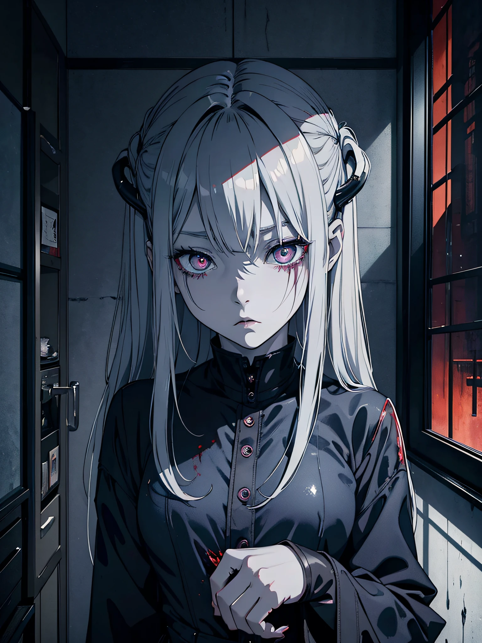 horror art, masterpiece, (dark anime alien girl), neat vertical bangs, pale-grey-light-blue alien skin, pewter color tin hair, bloody stained eyes, gloomy anime alien girl, closed formal clothes, dark apartment, alien character, dreary iron water containers